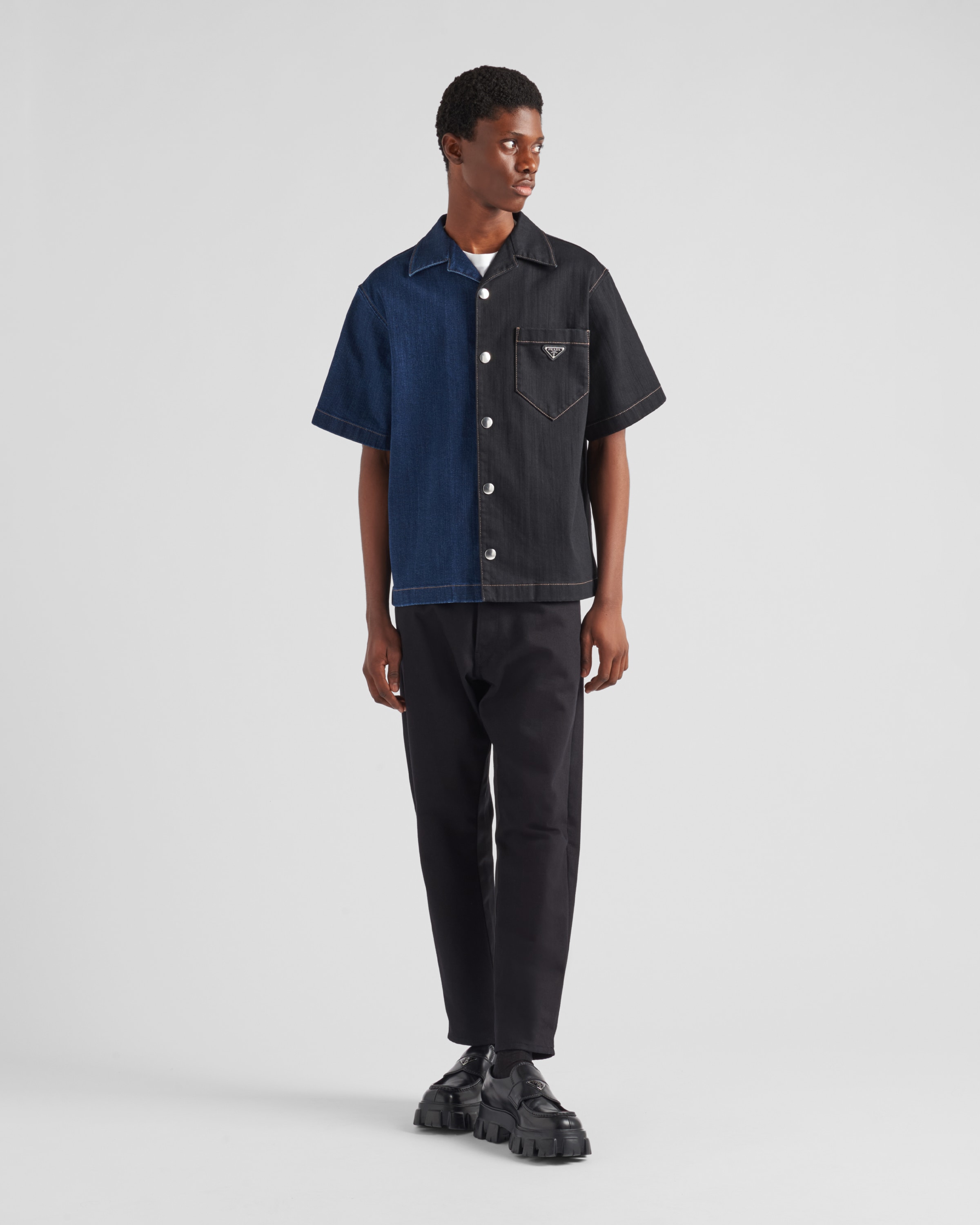 Shop Prada Double Match Denim Shirt In Black/blue