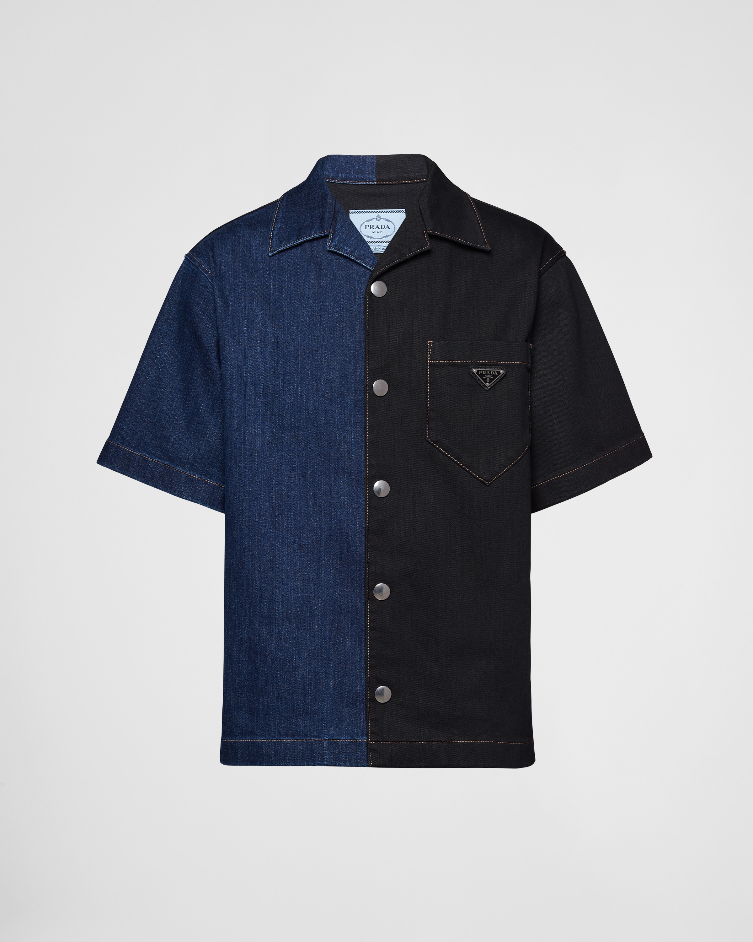 Shop Prada Double Match Denim Shirt In Black/blue