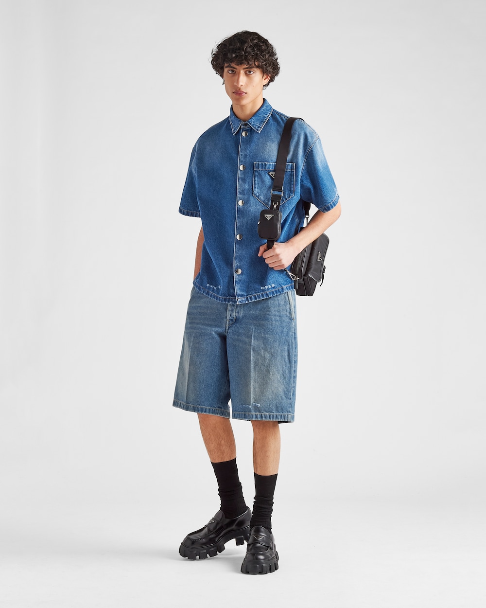 Navy Organic denim Bermuda shorts | Prada