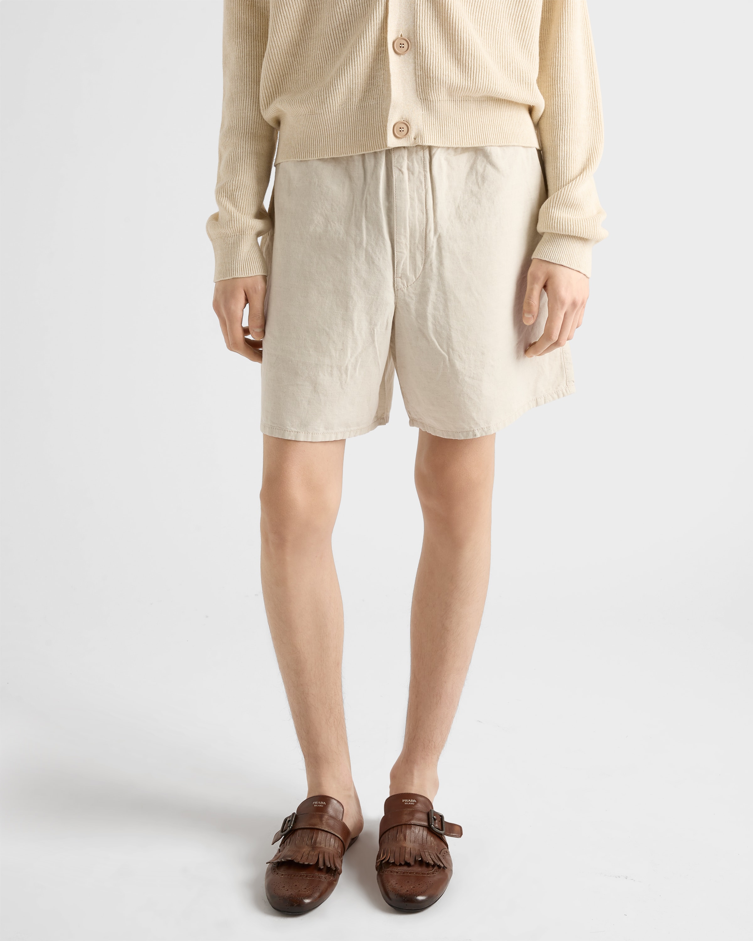 Prada Mens Neutral Triangle-logo Relaxed Leather Bermuda Shorts In Natural