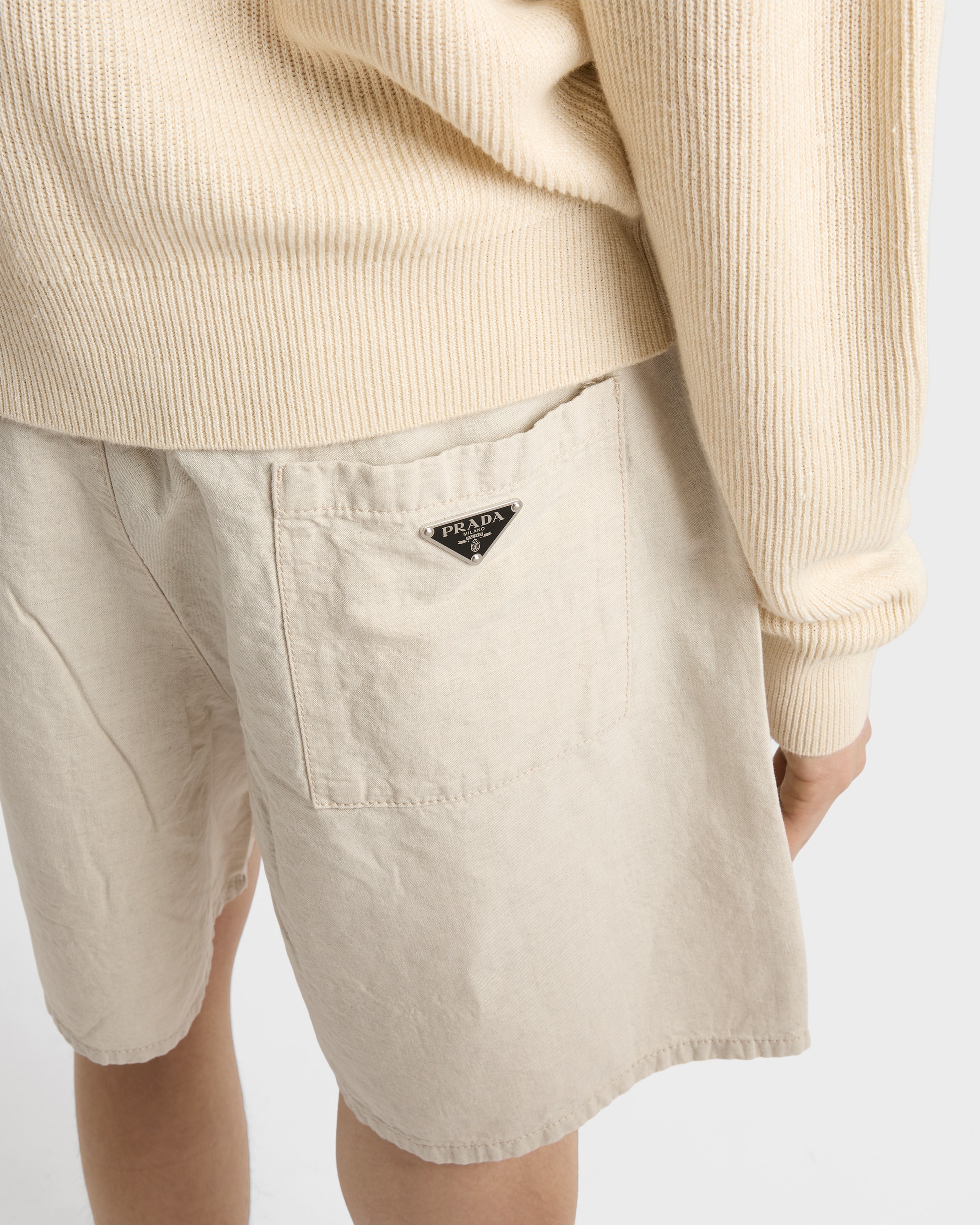 Prada Mens Neutral Triangle-logo Relaxed Leather Bermuda Shorts In Natural