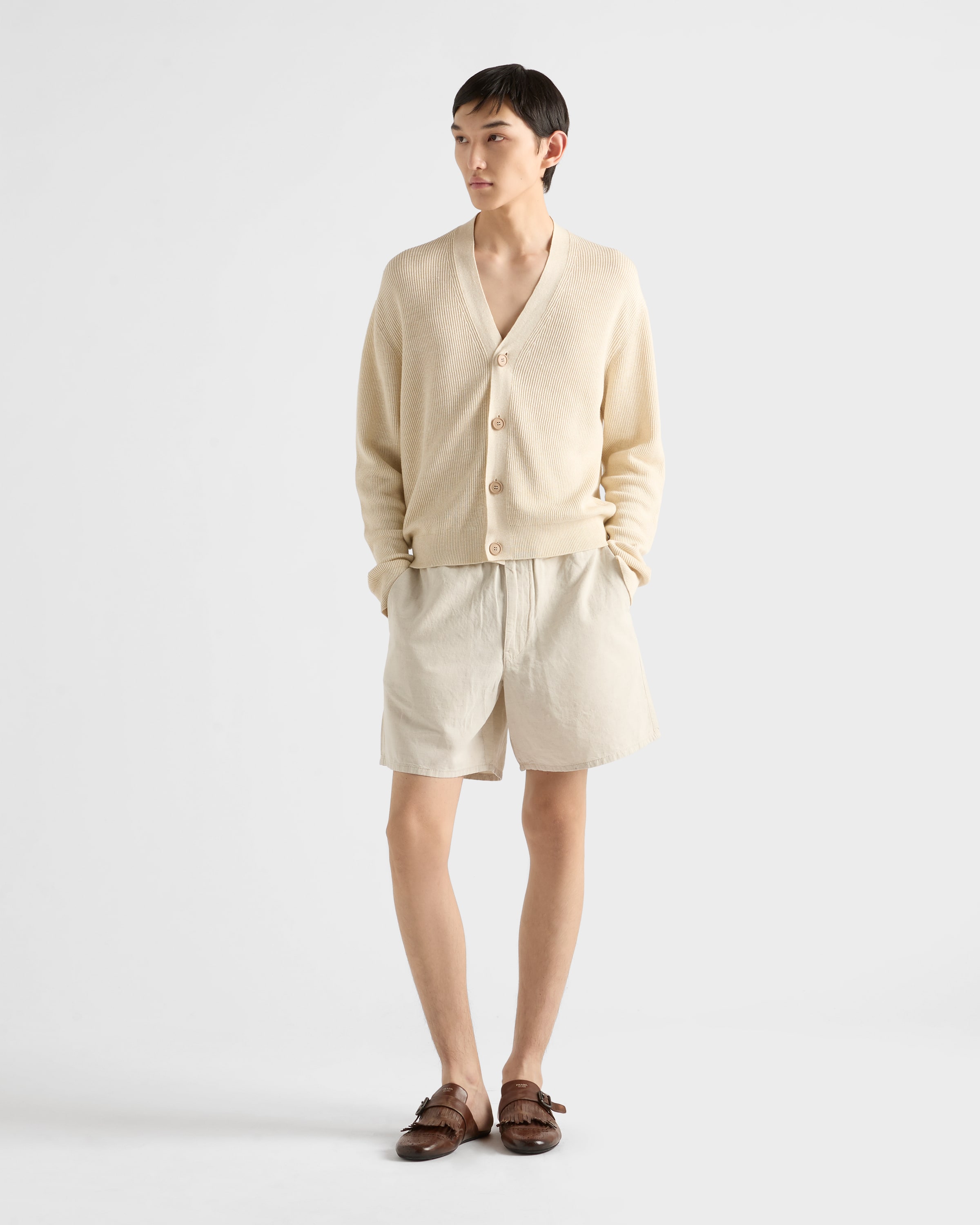 Prada Mens Neutral Triangle-logo Relaxed Leather Bermuda Shorts In Natural