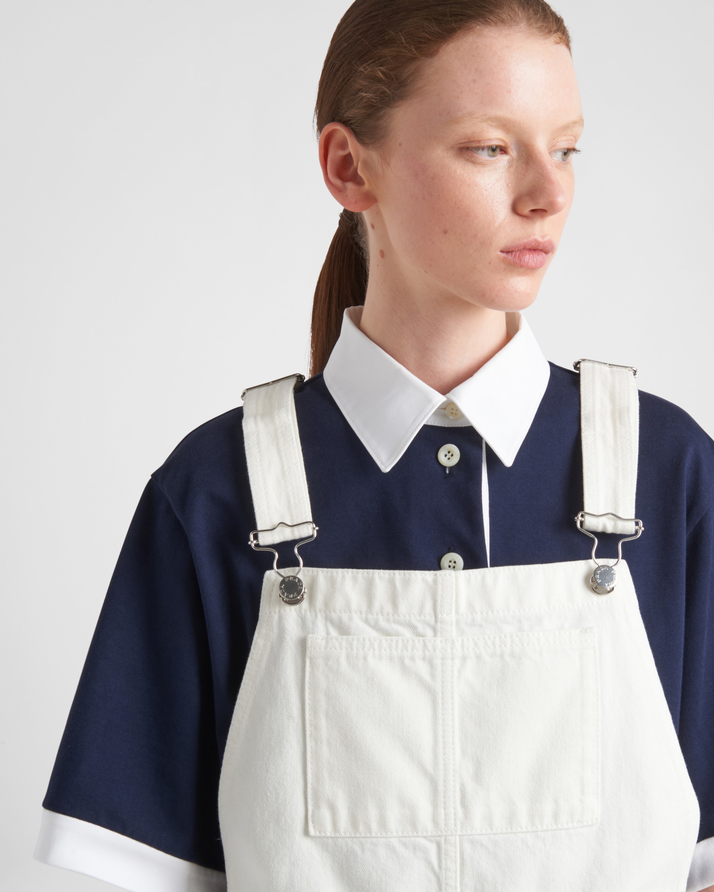 Shop Prada Denim Overall Mini-dress In White