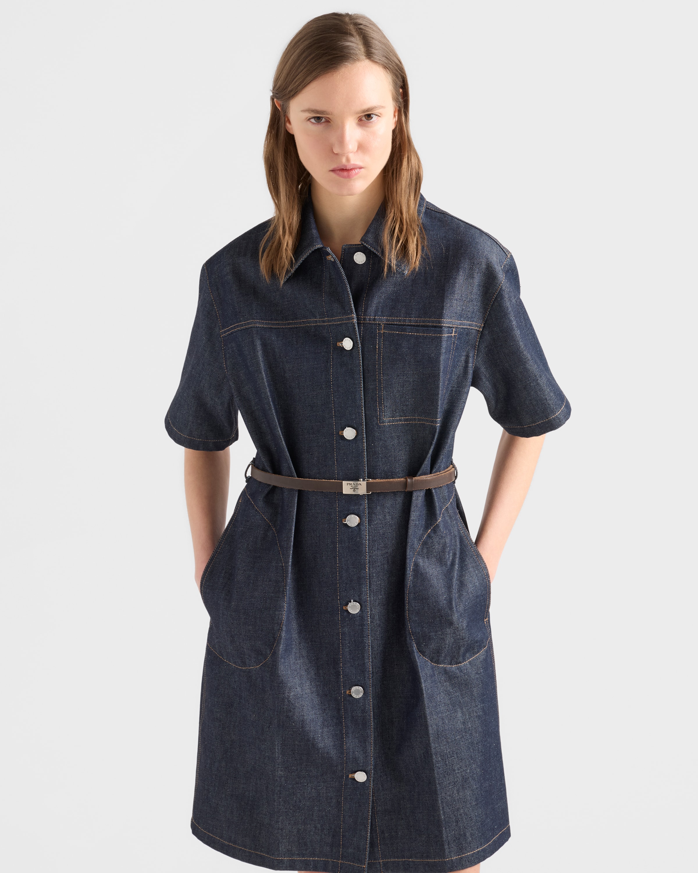 Prada Short-Sleeve Belted Denim Mini Dress - Blue