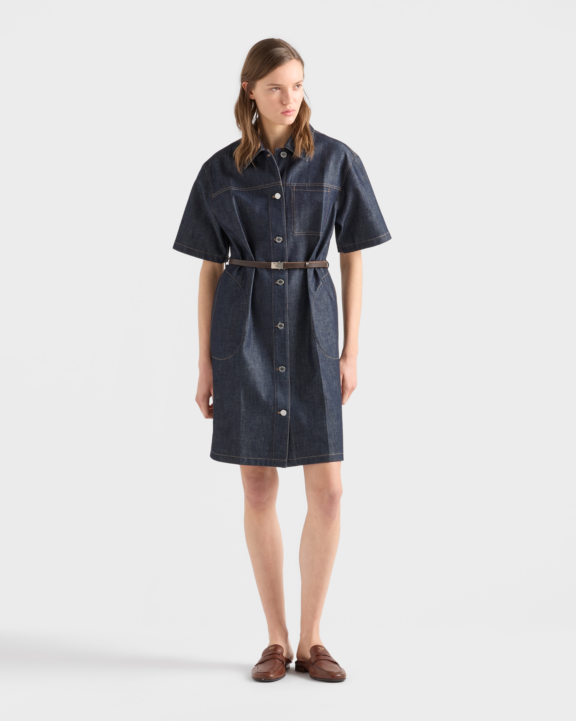 white christmas dresses Prada Mid Blue Denim Oversized Shirt Dress with Triangle Logo Plaque a –  Sellier main image 0