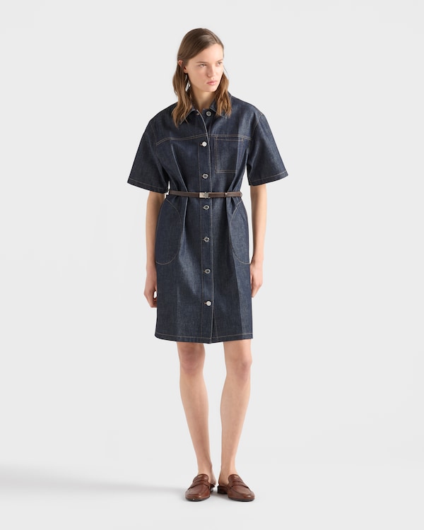 Vestido de tejido vaquero con cinturón - Azul Vestido de tejido vaquero con cinturón - Azul