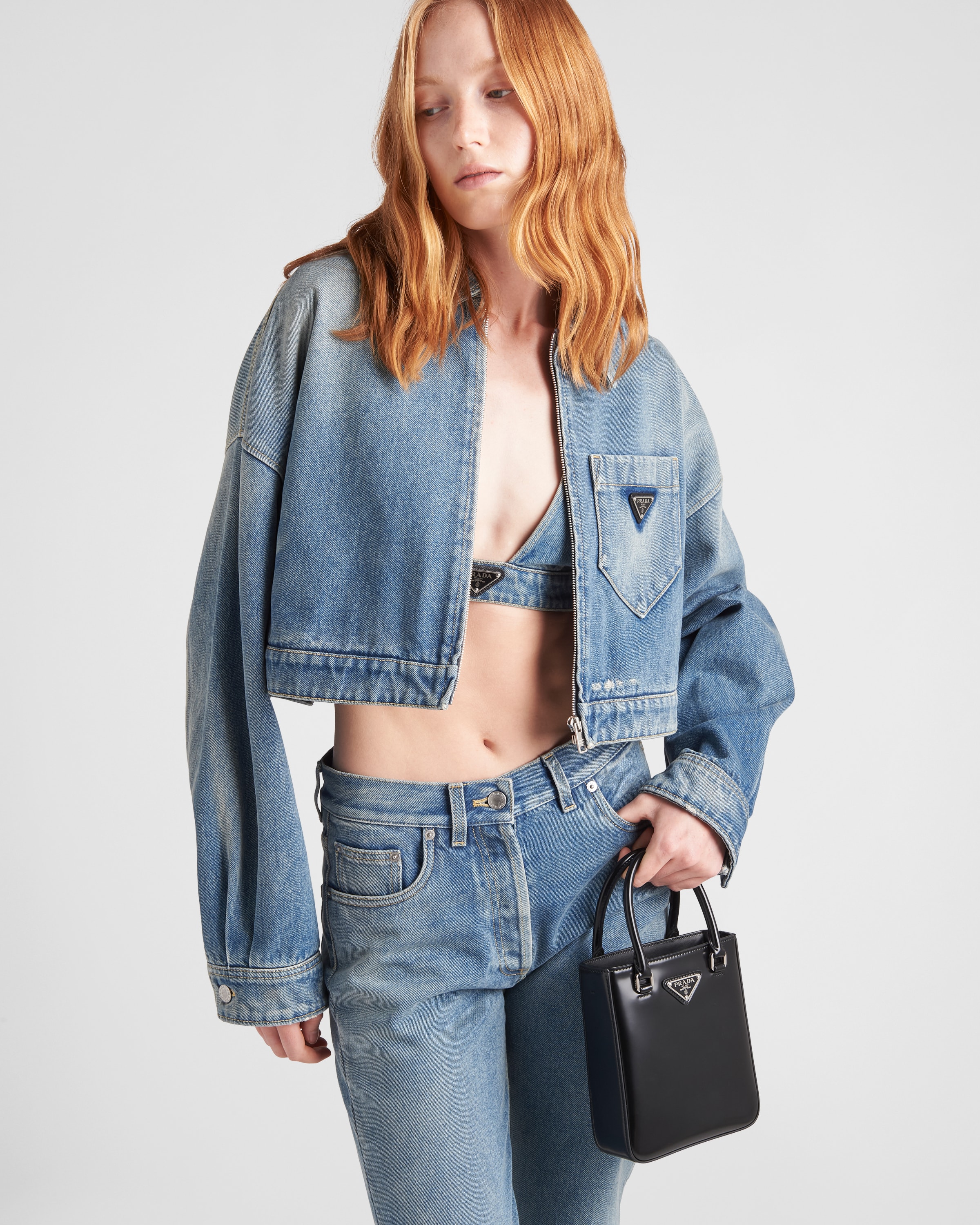 Mid Blue Cropped Organic Denim Jacket PRADA