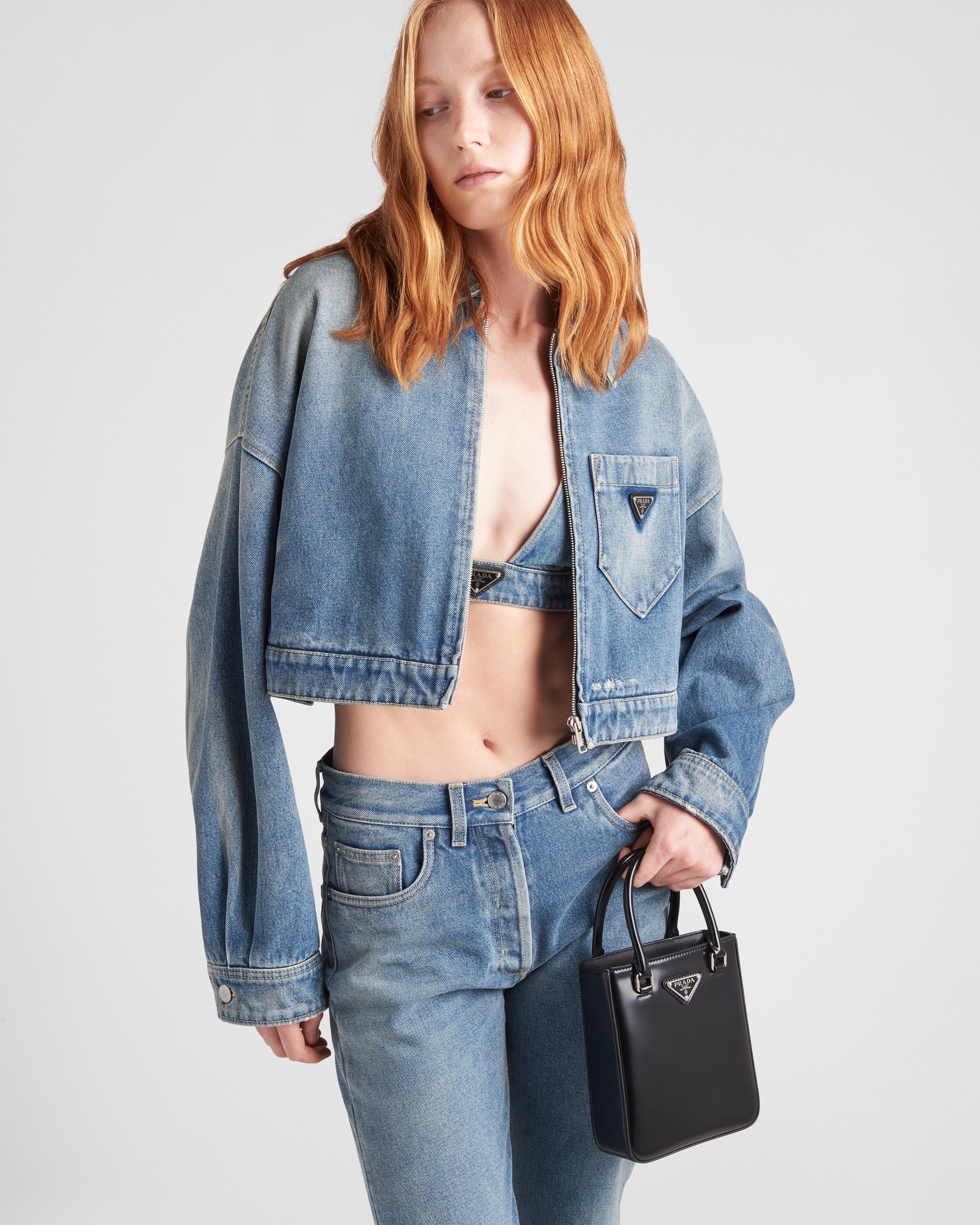 Shop Prada Cropped Organic Denim Jacket In Mid Blue