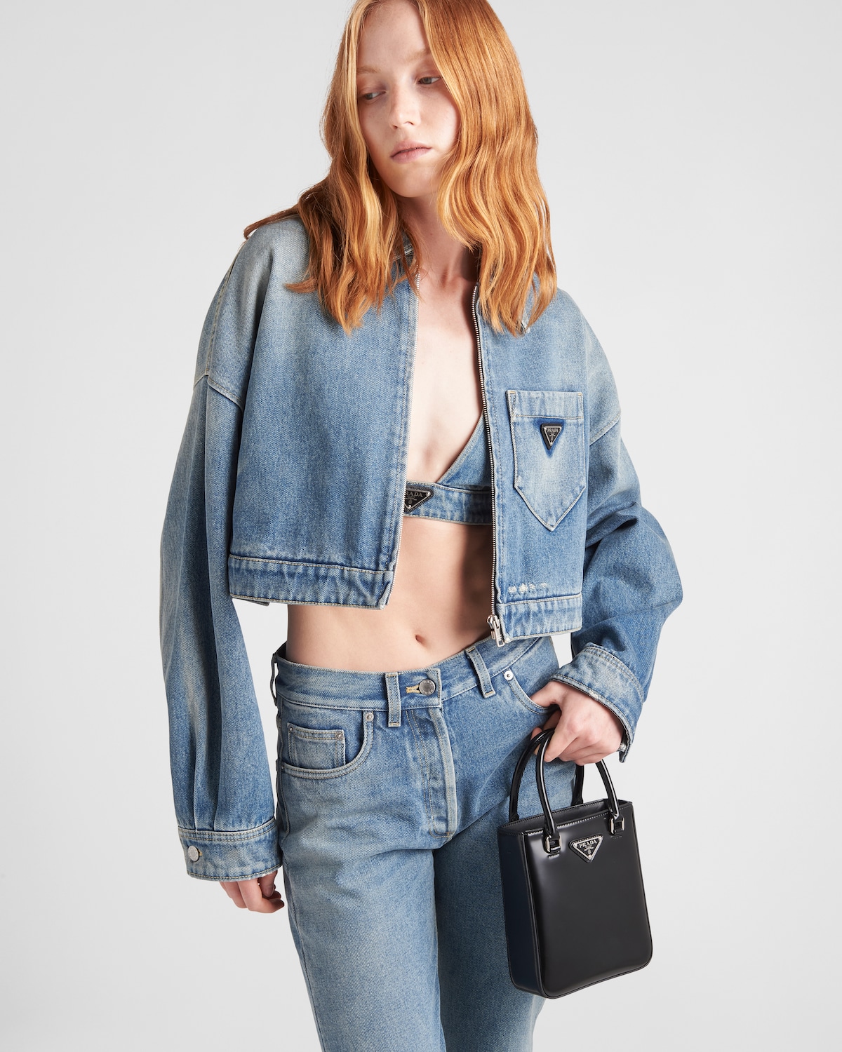 Prada 2025 Three-button Triangle Logo Denim Cropped Jacket Blue Cotton