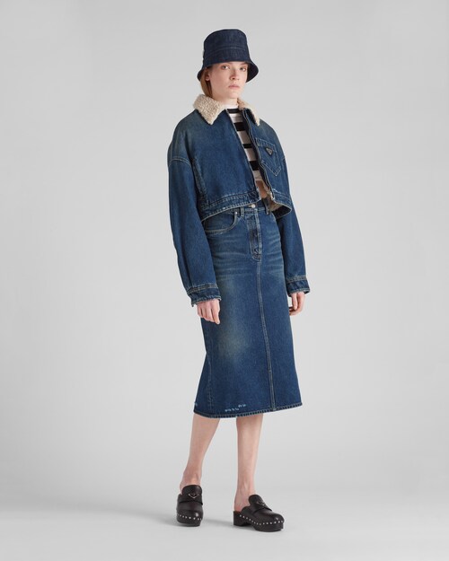 Navy Cropped padded denim jacket | Prada