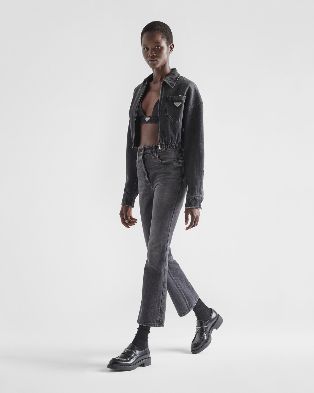 Prada Denim Blouson Jacket, Women, Black, Size 36