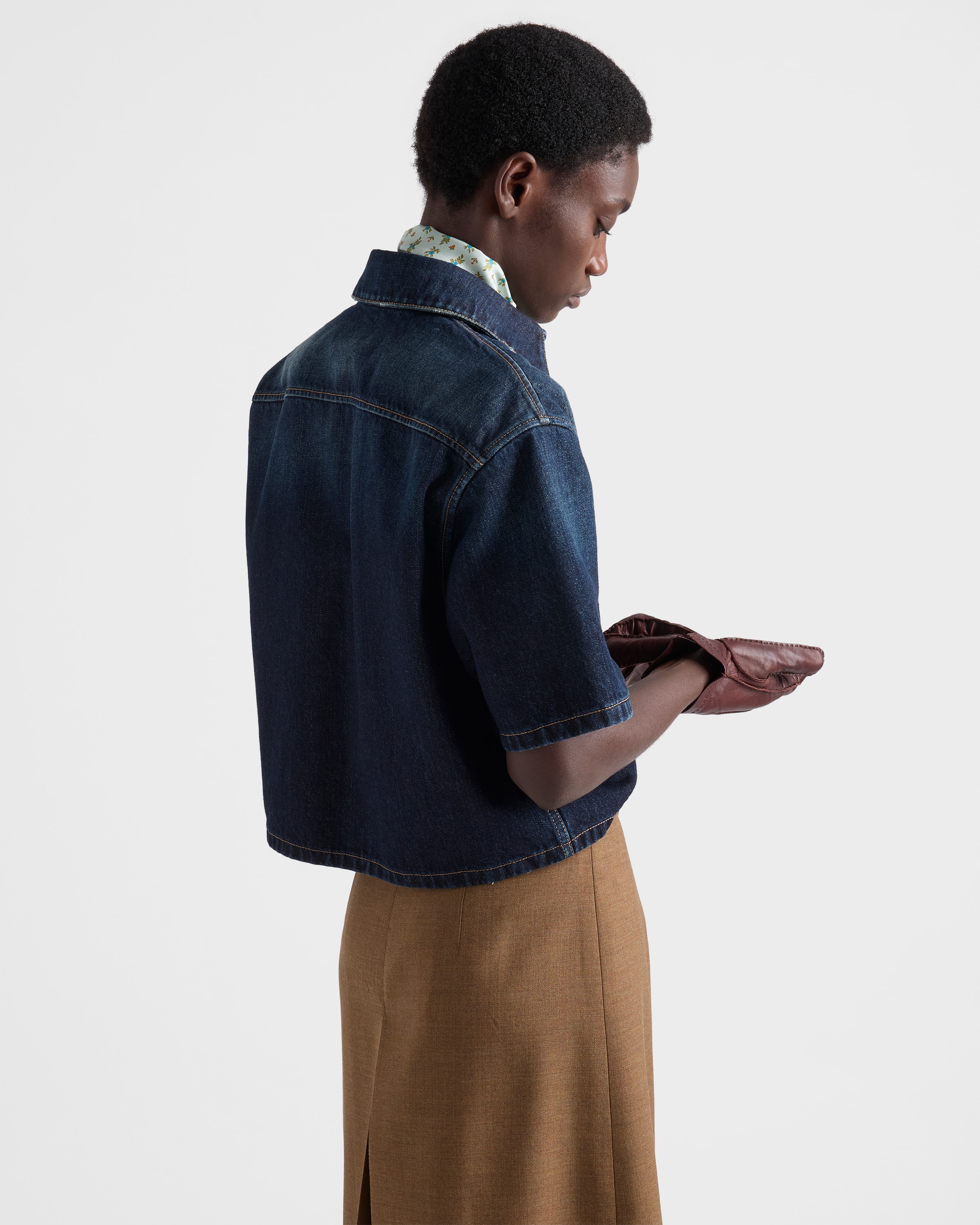 Navy Short-sleeved Denim Shirt | PRADA - United States
