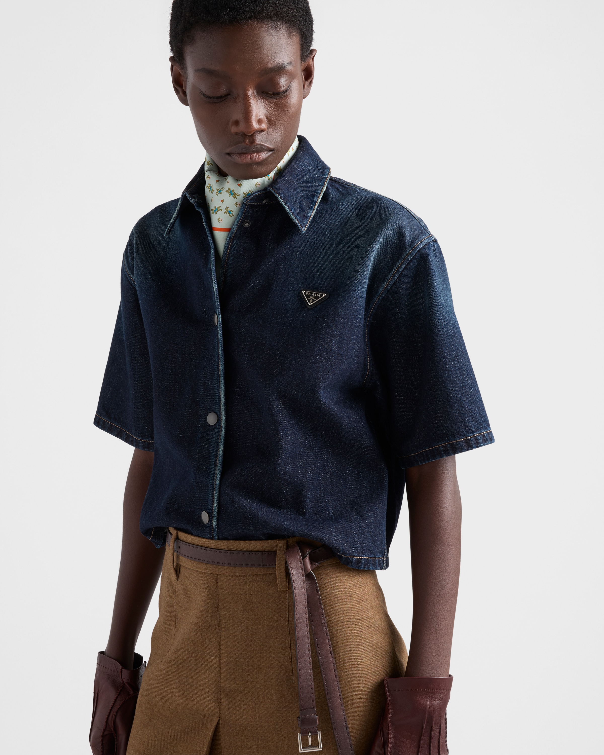 Navy Short-sleeved Denim Shirt | PRADA - United States