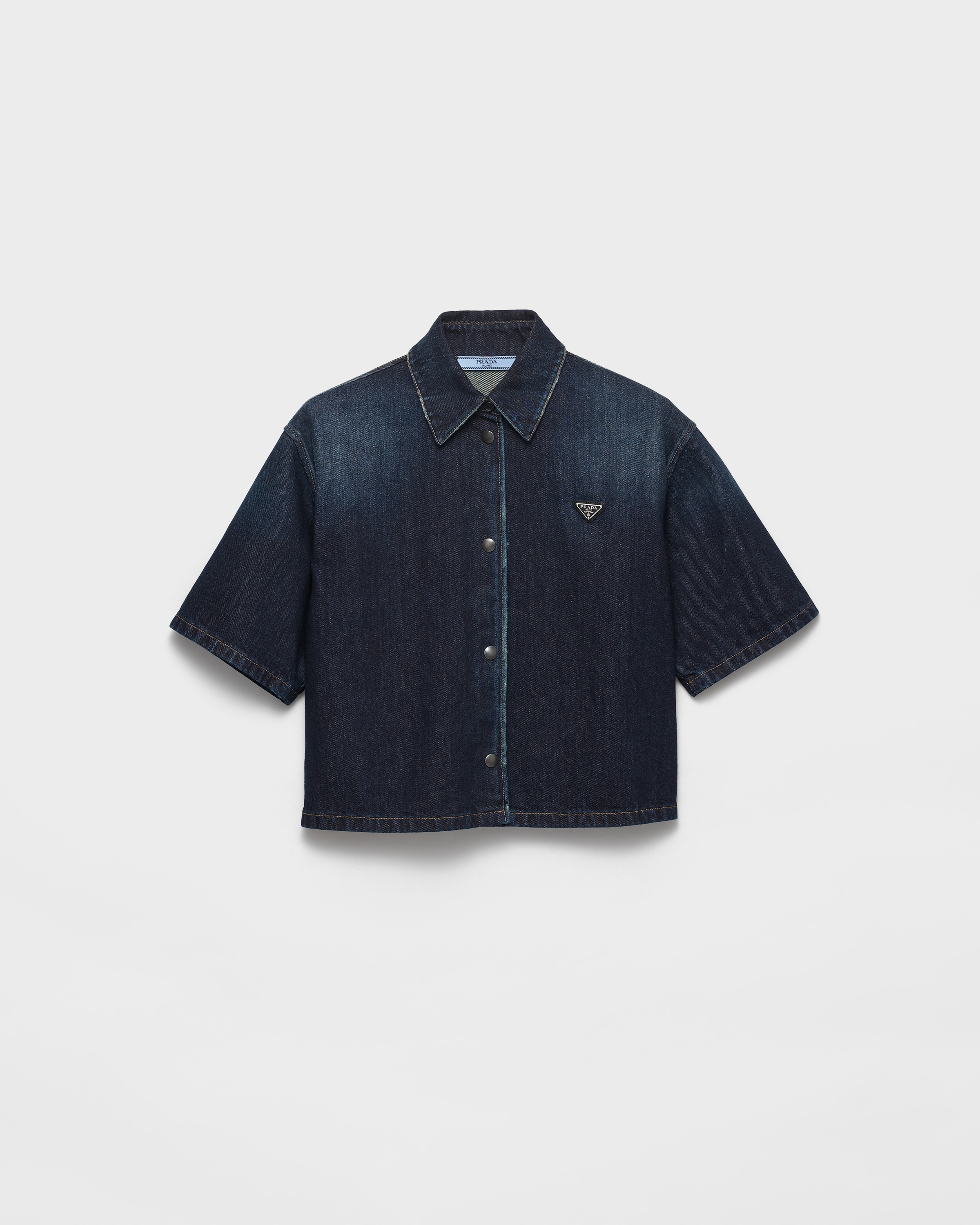 Navy Short-sleeved Denim Shirt | PRADA - United States