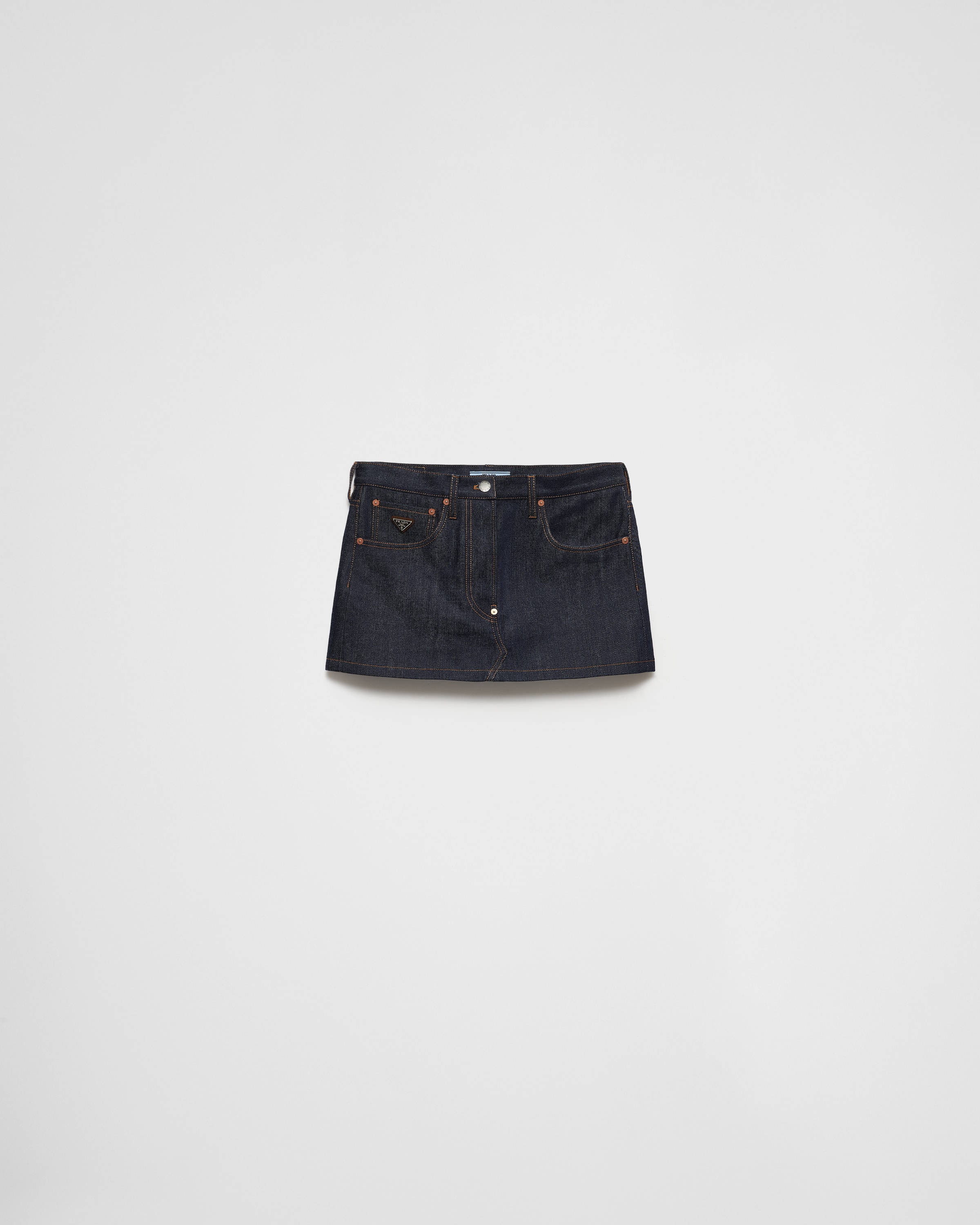 Prada Brand-plaque Low-rise Denim Mini Skirt In Navy