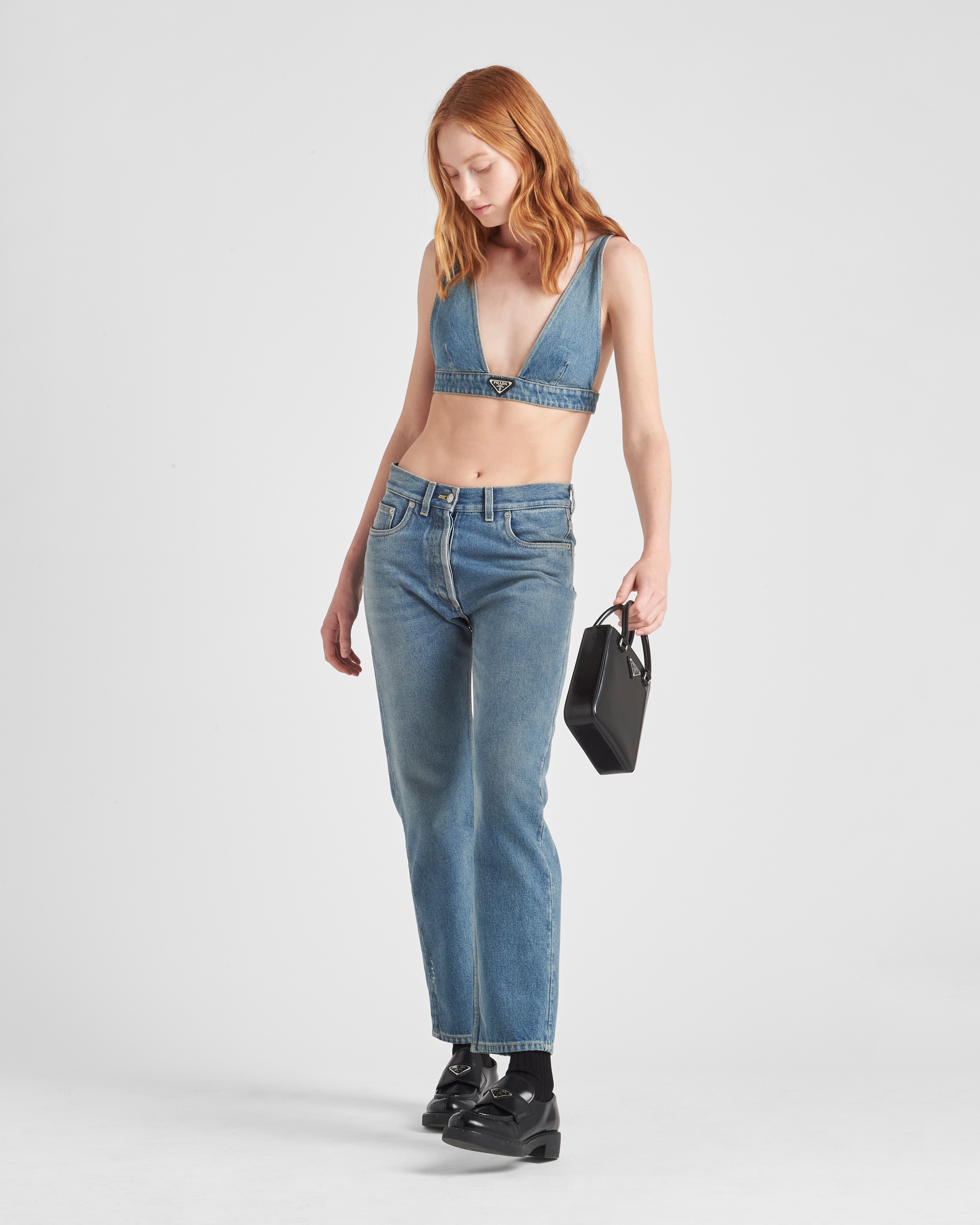 Shop Prada Organic Denim Top In Mid Blue