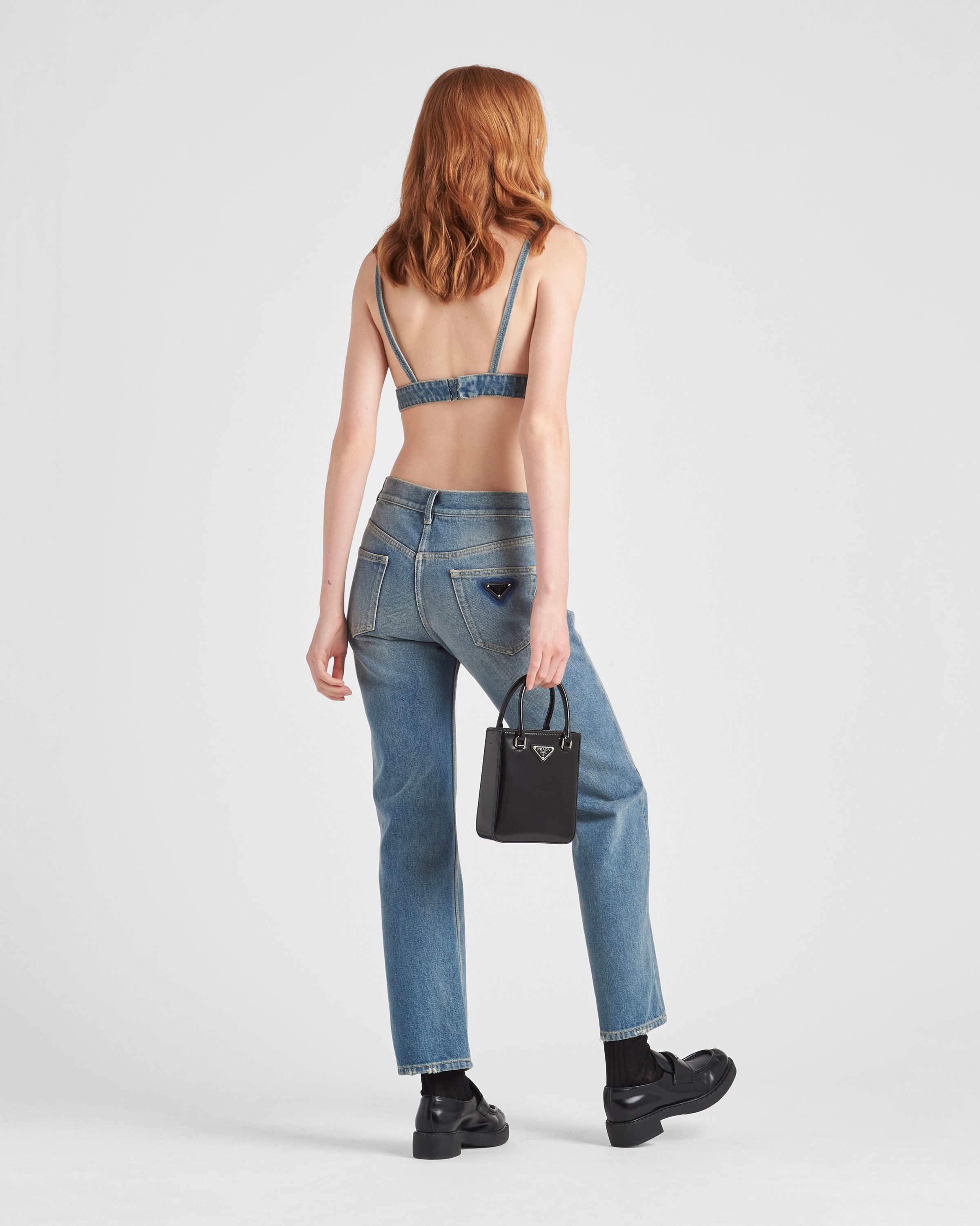 Logo denim bra top in blue - Prada