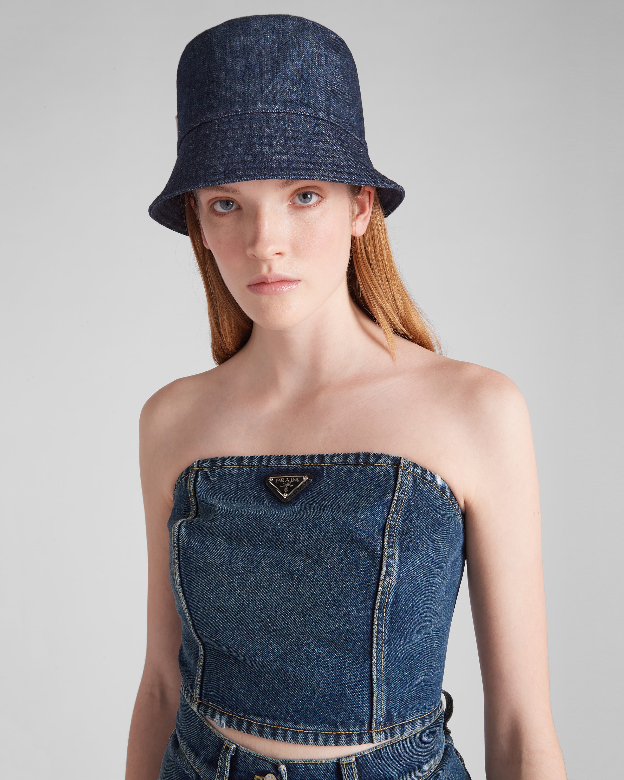 Navy Denim bustier top | Prada