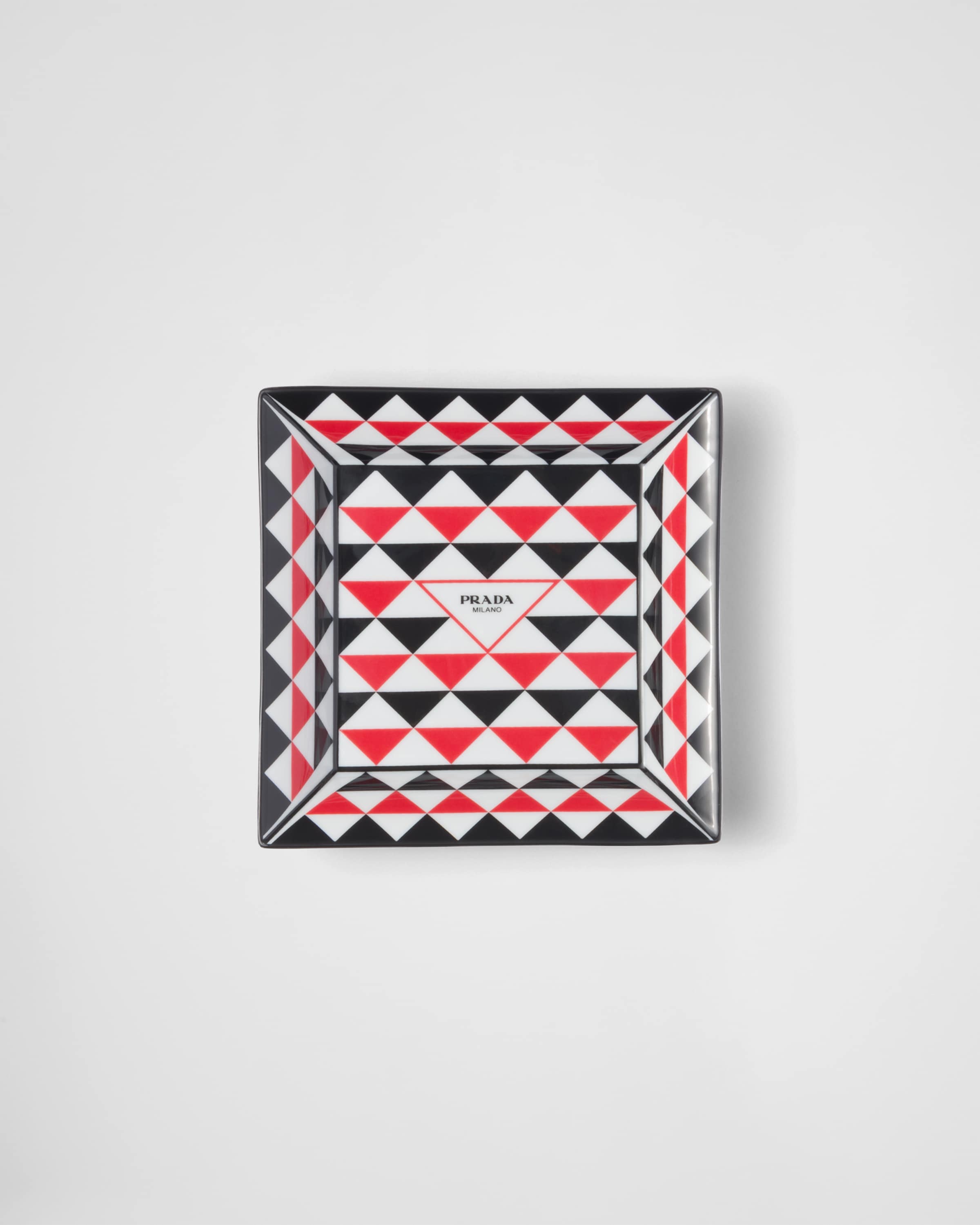 Prada Large Square Porcelain Catchall Tray - Triangles In Black/red/white