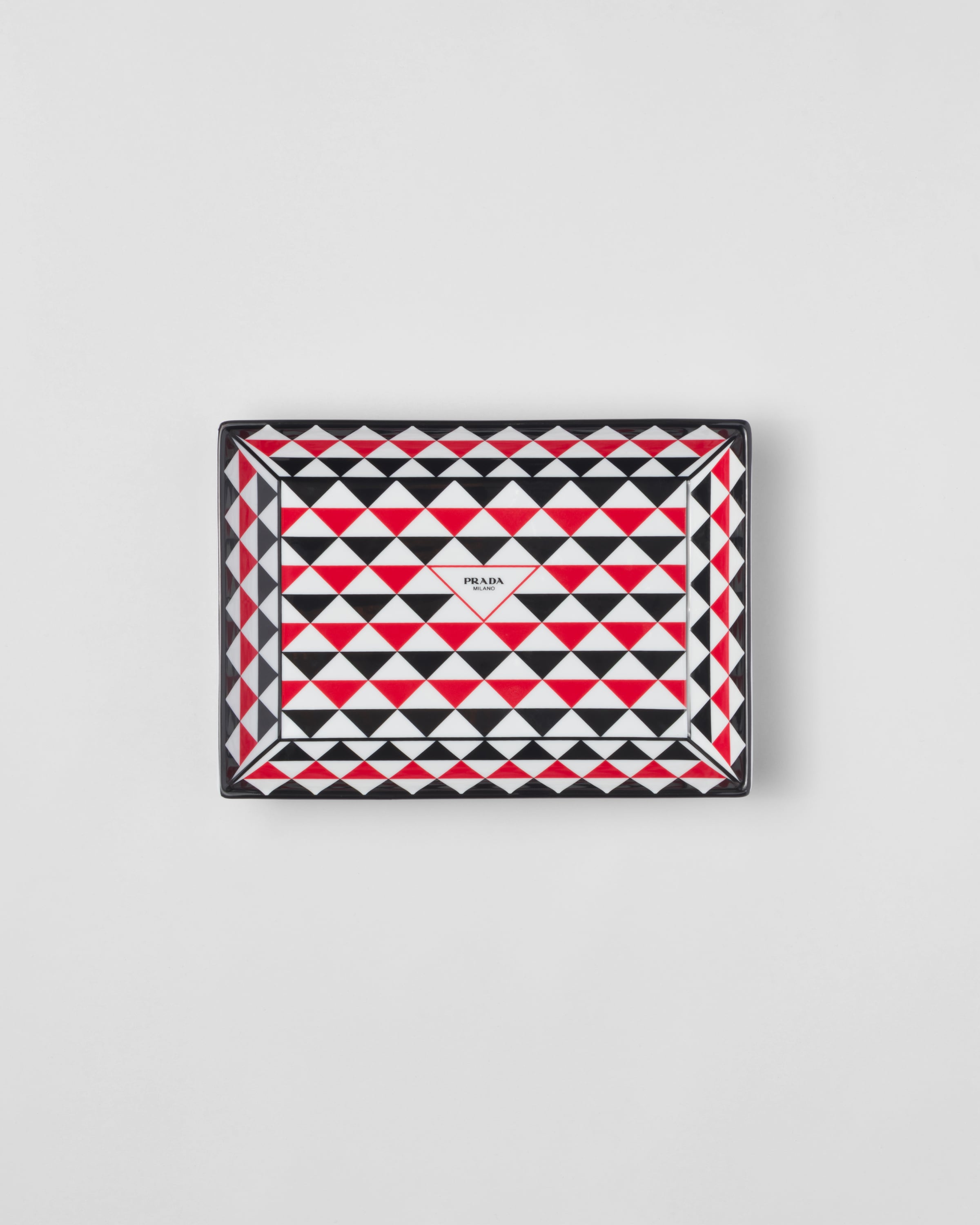 Prada Large Rectangular Porcelain Catchall Tray - Triangles In Black/red/white