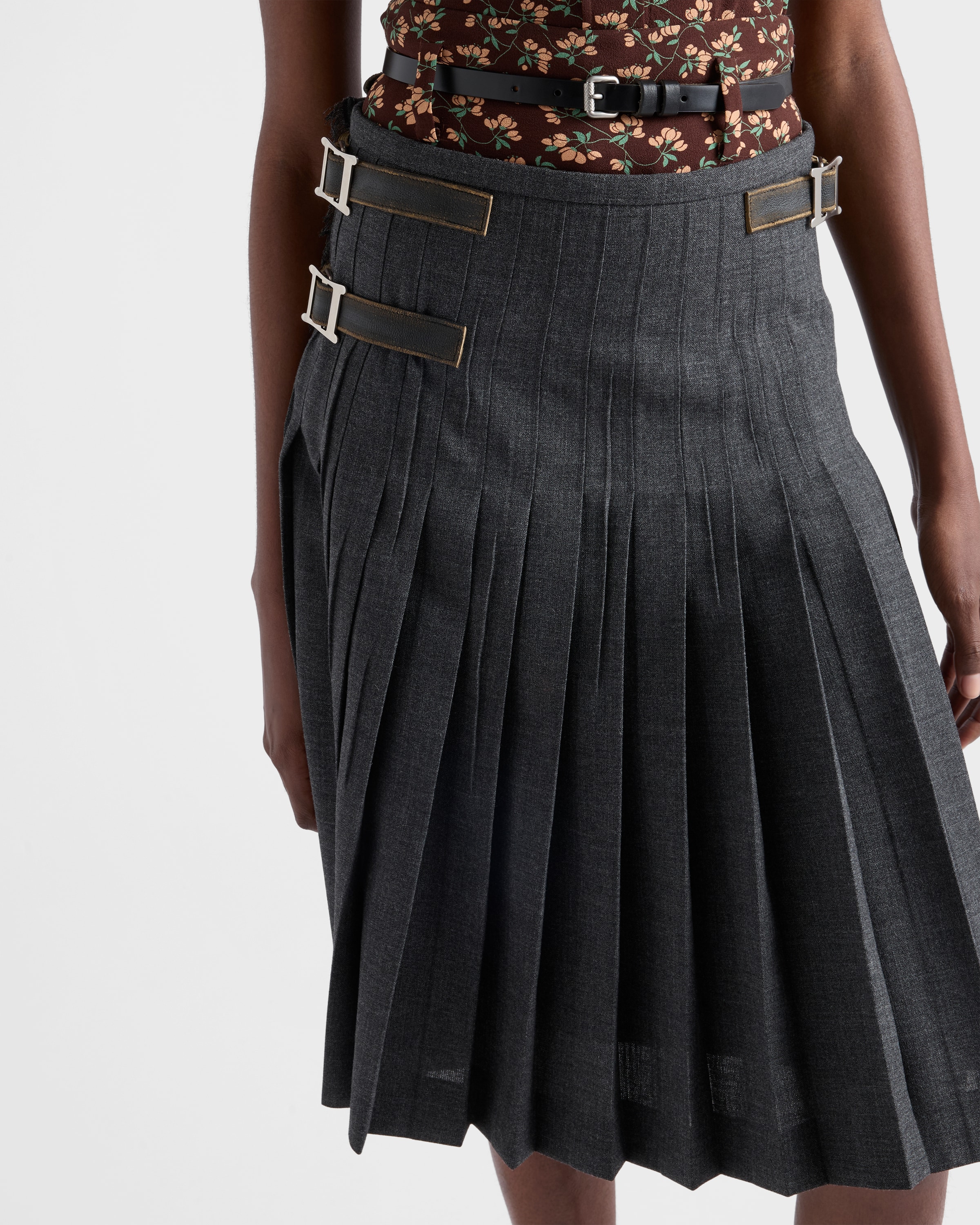 グレー プリーツ ウール ホップサック スカート | PRADA