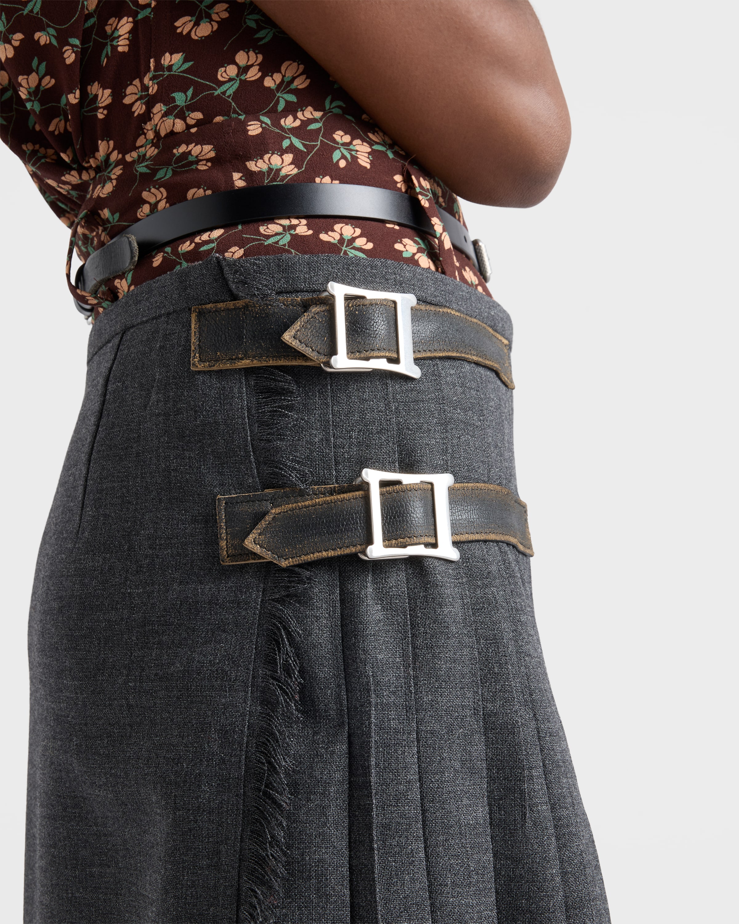 グレー プリーツ ウール ホップサック スカート | PRADA