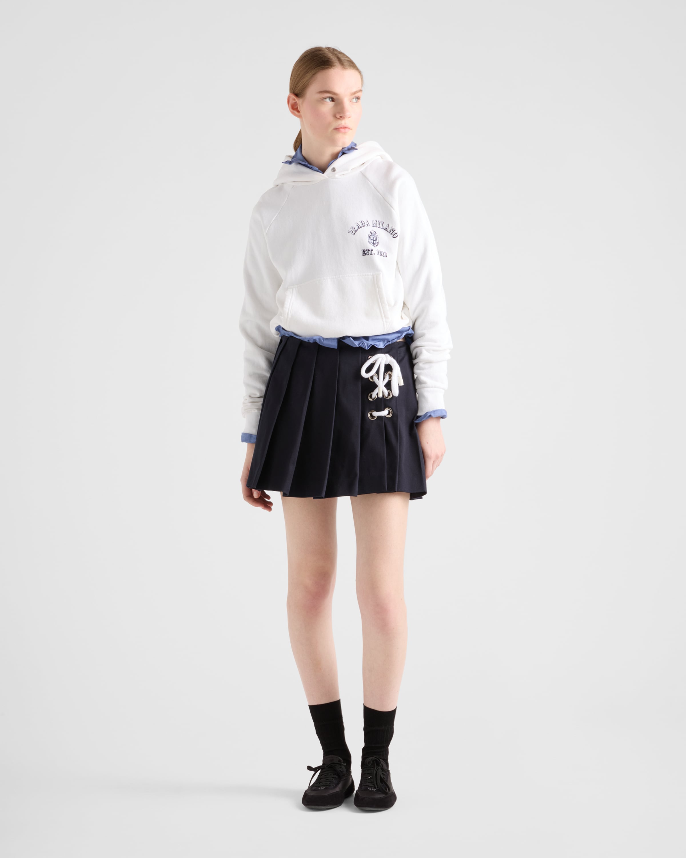 Prada Womens Blue Pleated Stretch-cotton Mini Skirt In Blau
