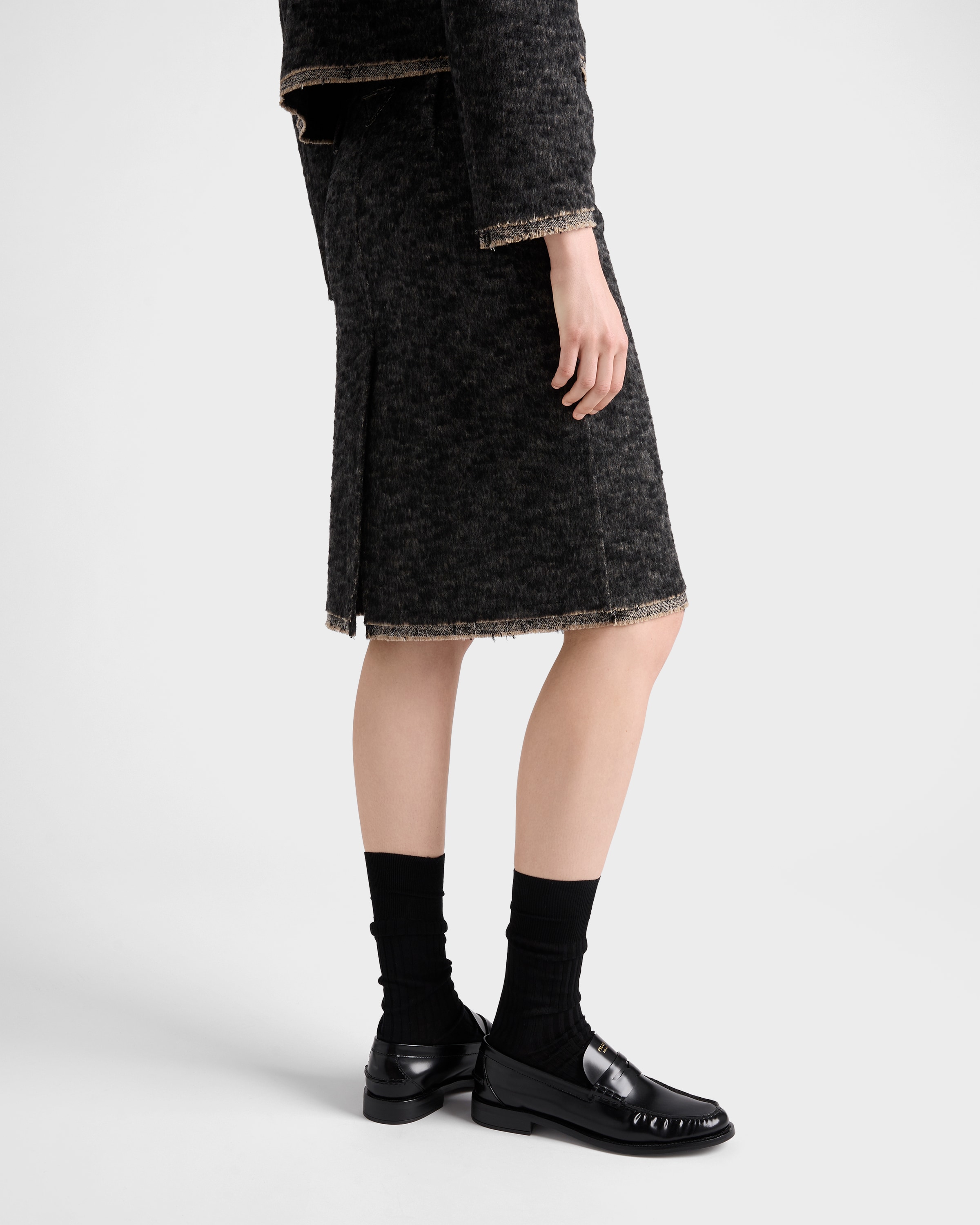 Prada Double Tweed Midi-skirt In Black