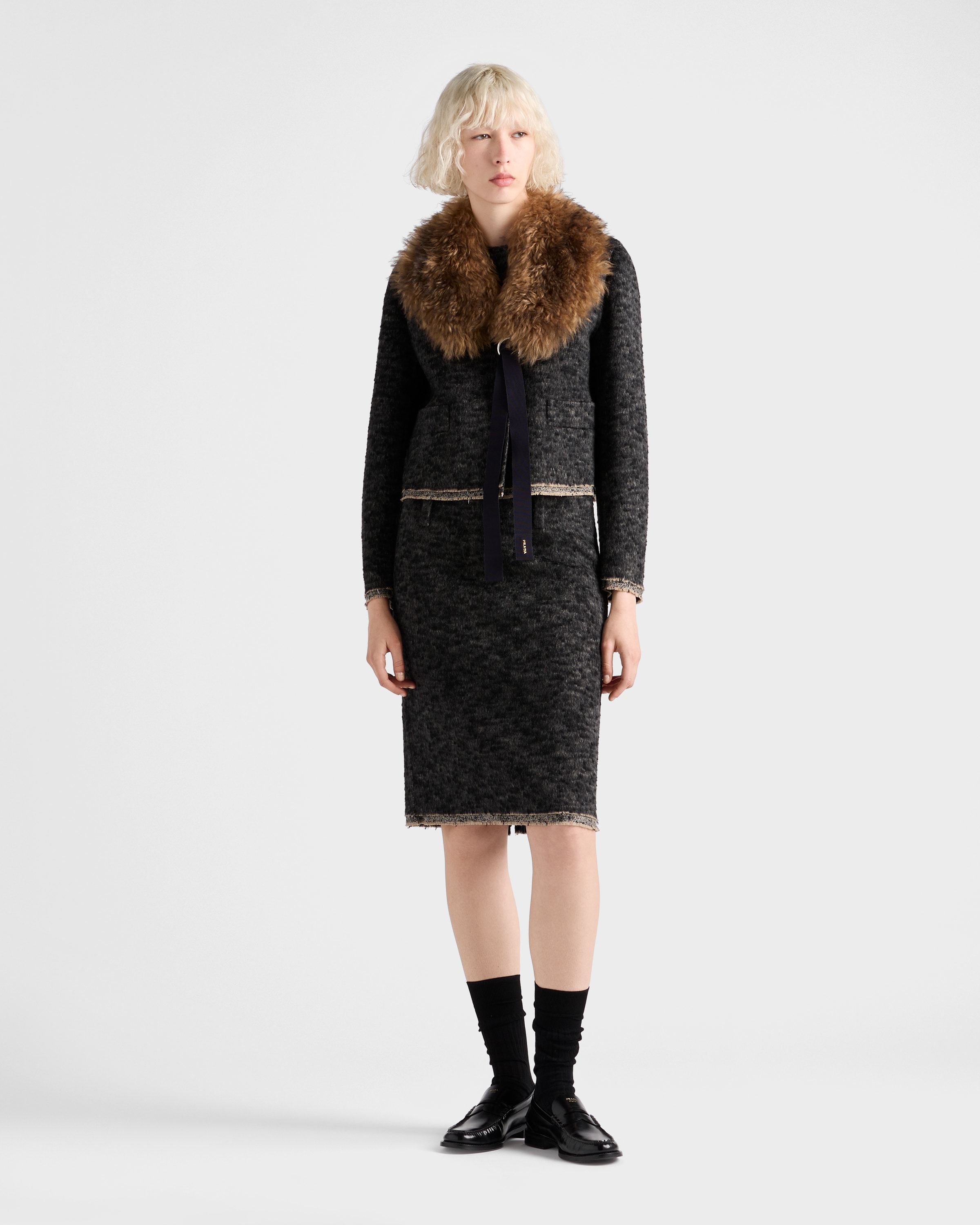 Prada Double Tweed Midi-skirt In Black
