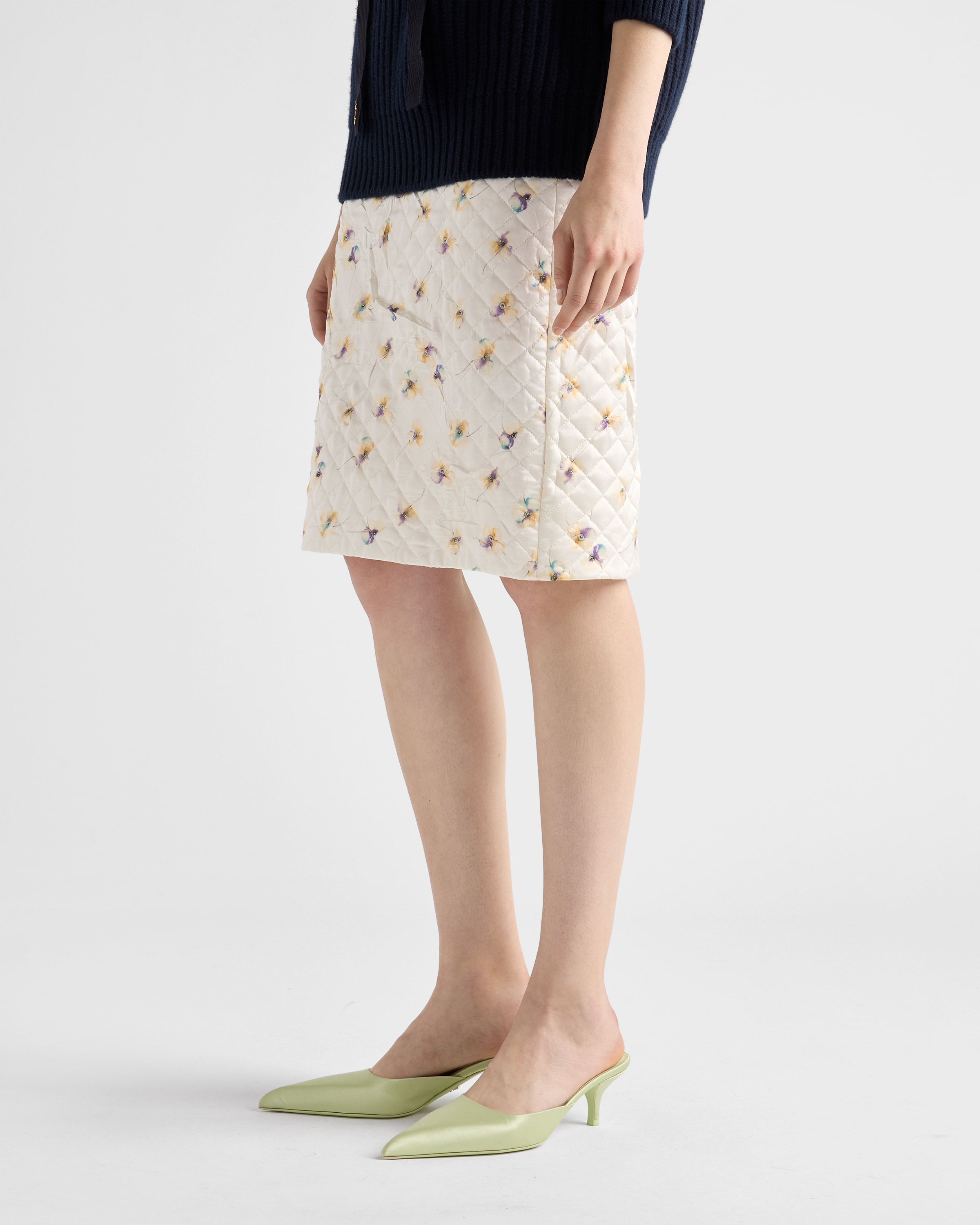 Prada Womens Yellow Floral-print Quilted Satin Knee-length Skirt In White