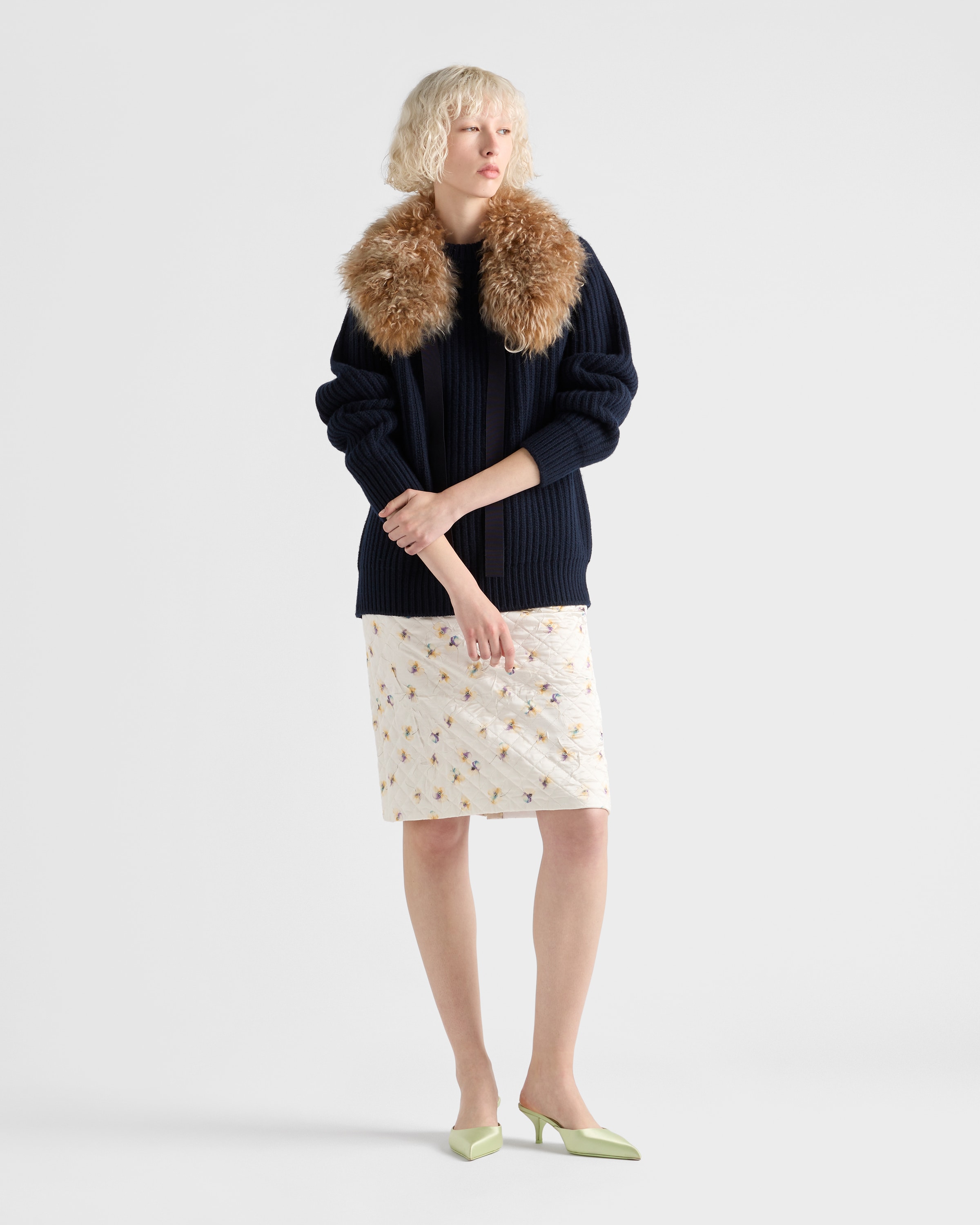 Prada Womens Yellow Floral-print Quilted Satin Knee-length Skirt In White