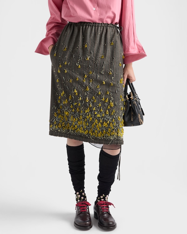 Chevron wool skirt with gradient embroidery - Moss/Yellow Chevron wool skirt with gradient embroidery - Moss/Yellow