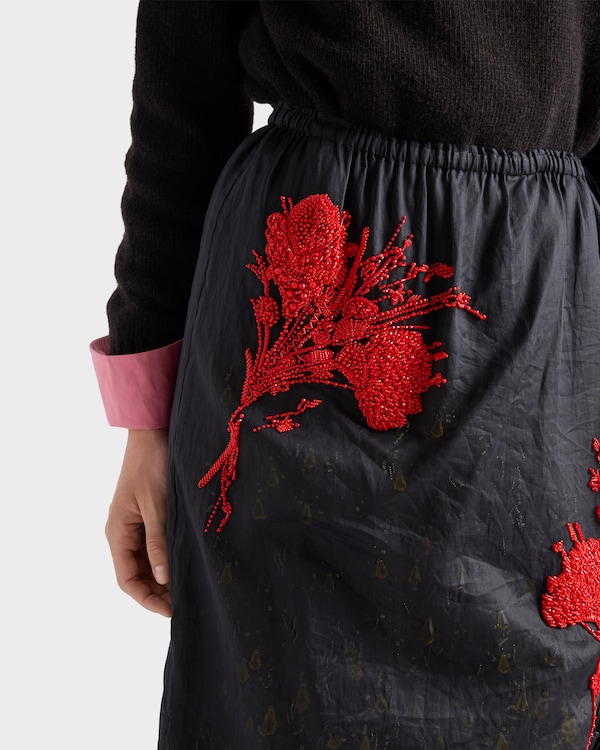 Embroidered organdy midi-skirt - Black/Red Embroidered organdy midi-skirt - Black/Red
