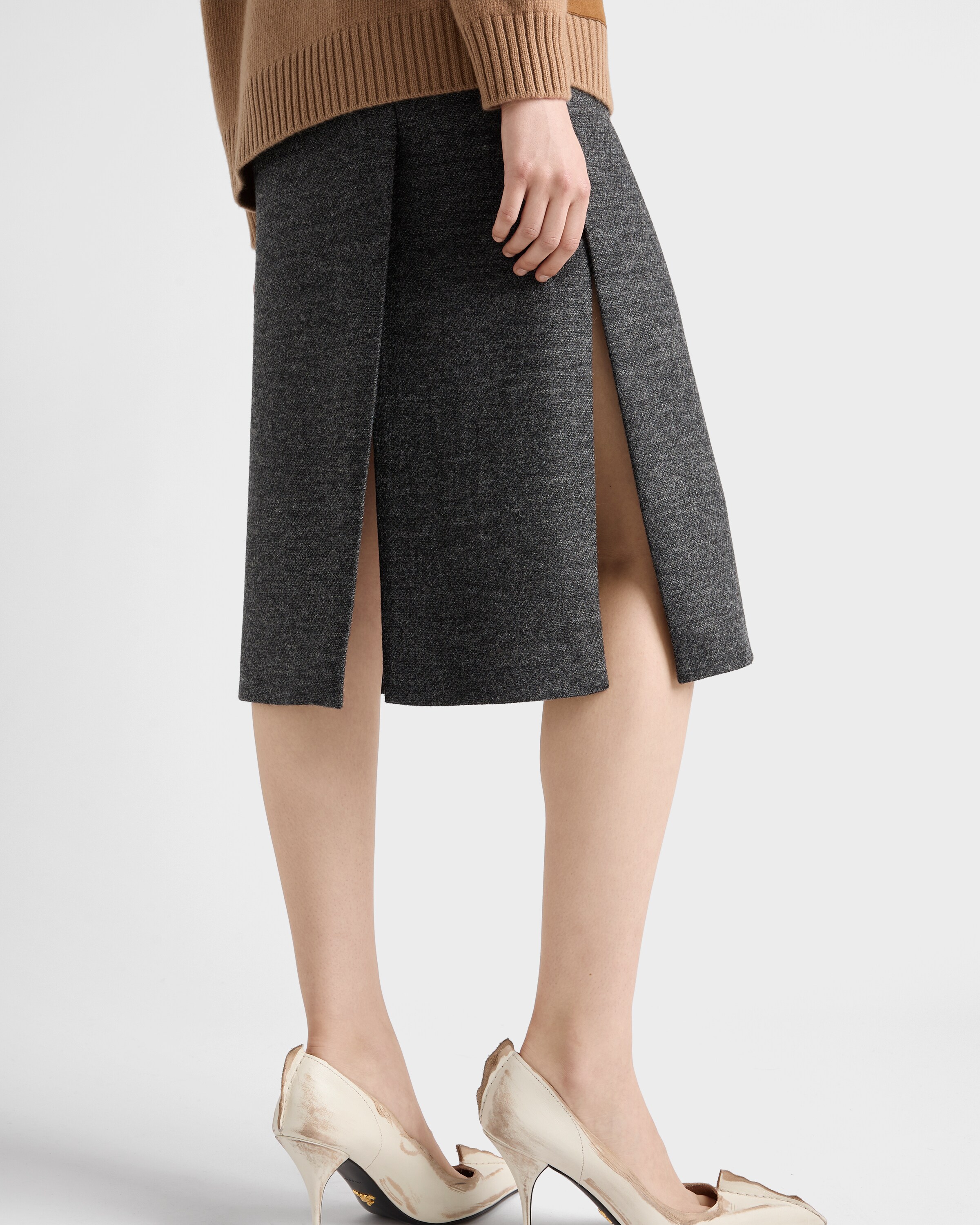 Prada Womens Grey Rush Stitch Virgin-wool Knee-length Skirt In Gray