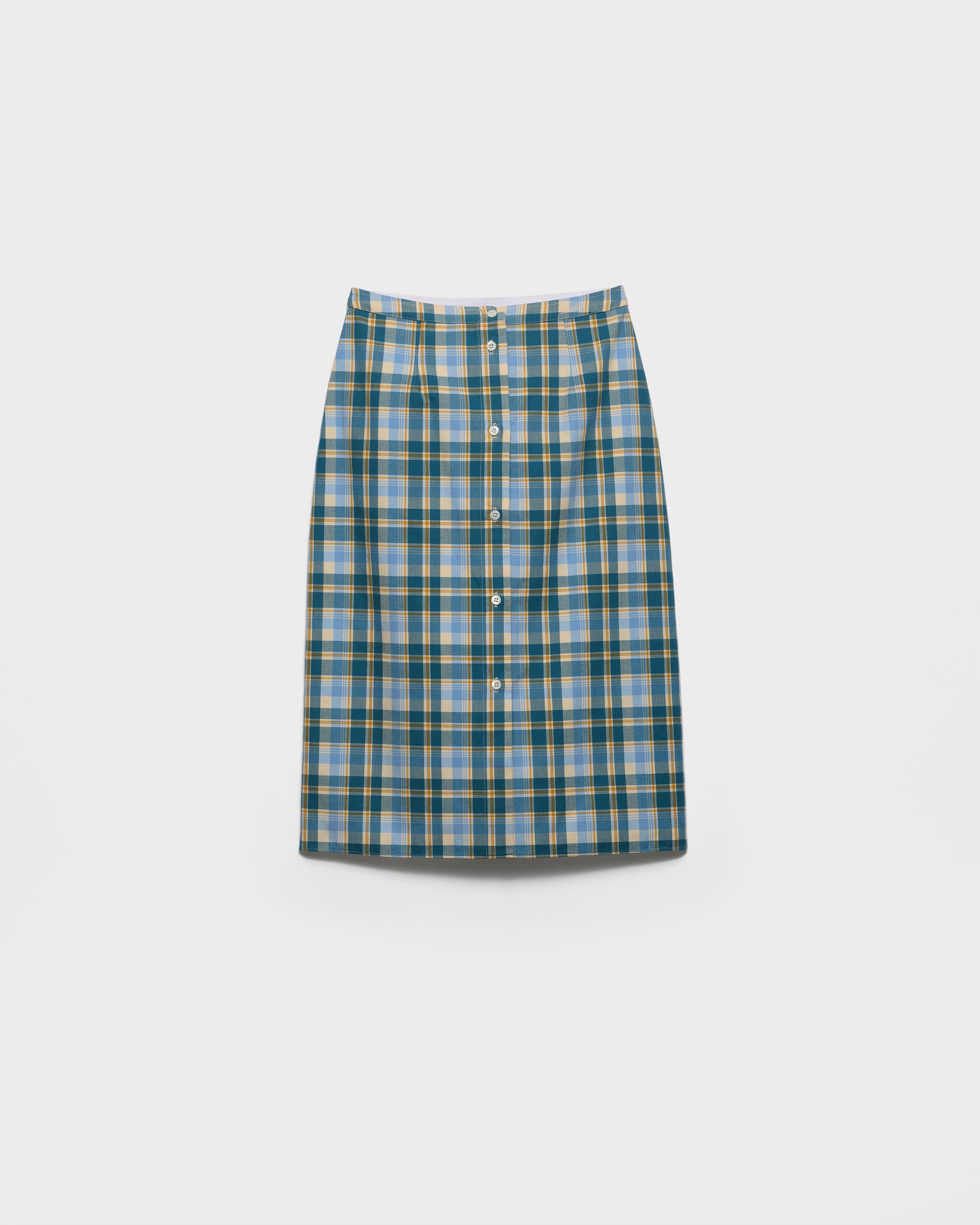 プラダ PRADA シルク混 フレアスカート バイカラー 38 M 絹 緑 青 Natural/teal Plaid Cotton Pencil Skirt | PRADA - United States