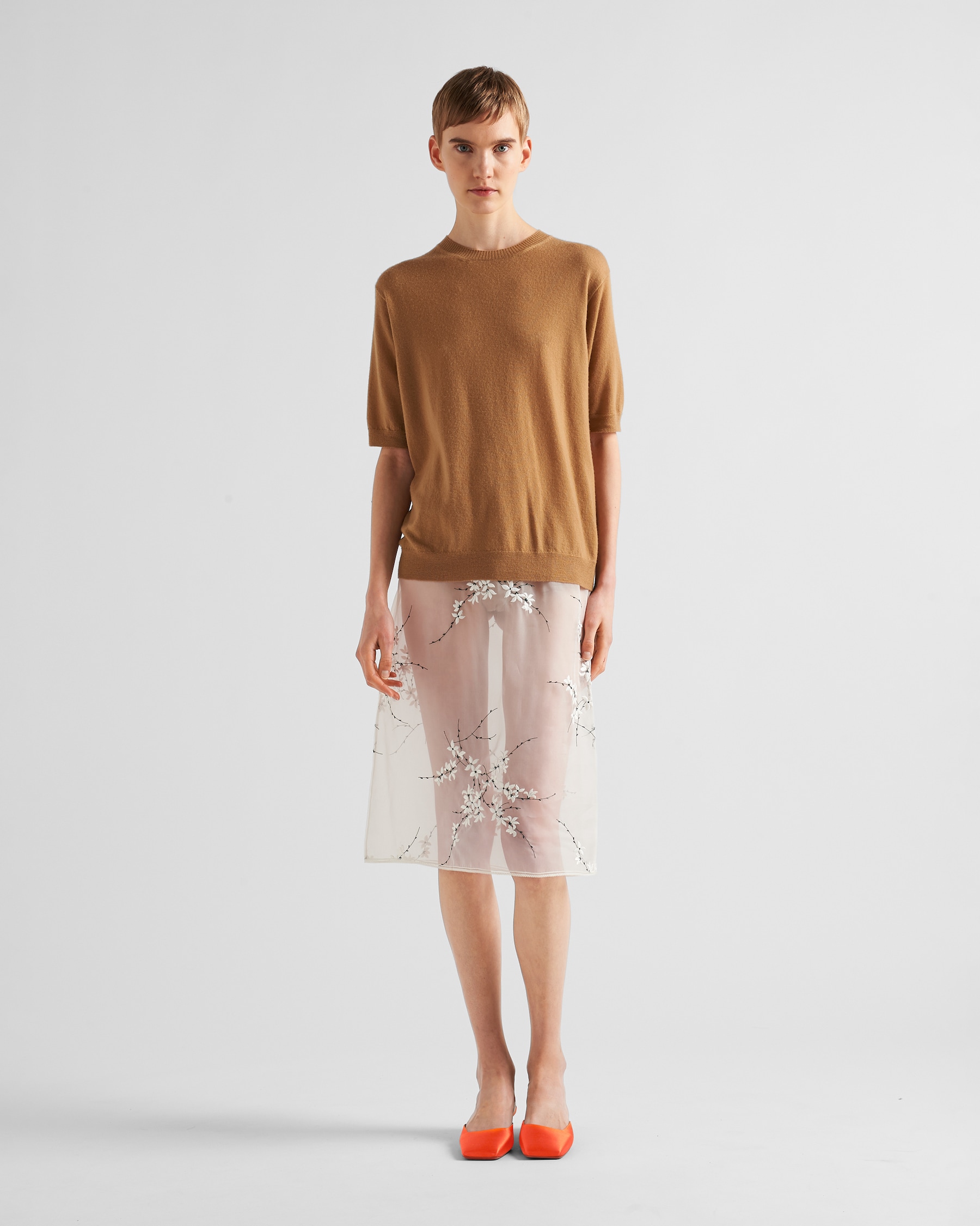Prada 25 Drawstring Elastic Waist Umbrella Skirt Beige Cotton 215066 main image 0