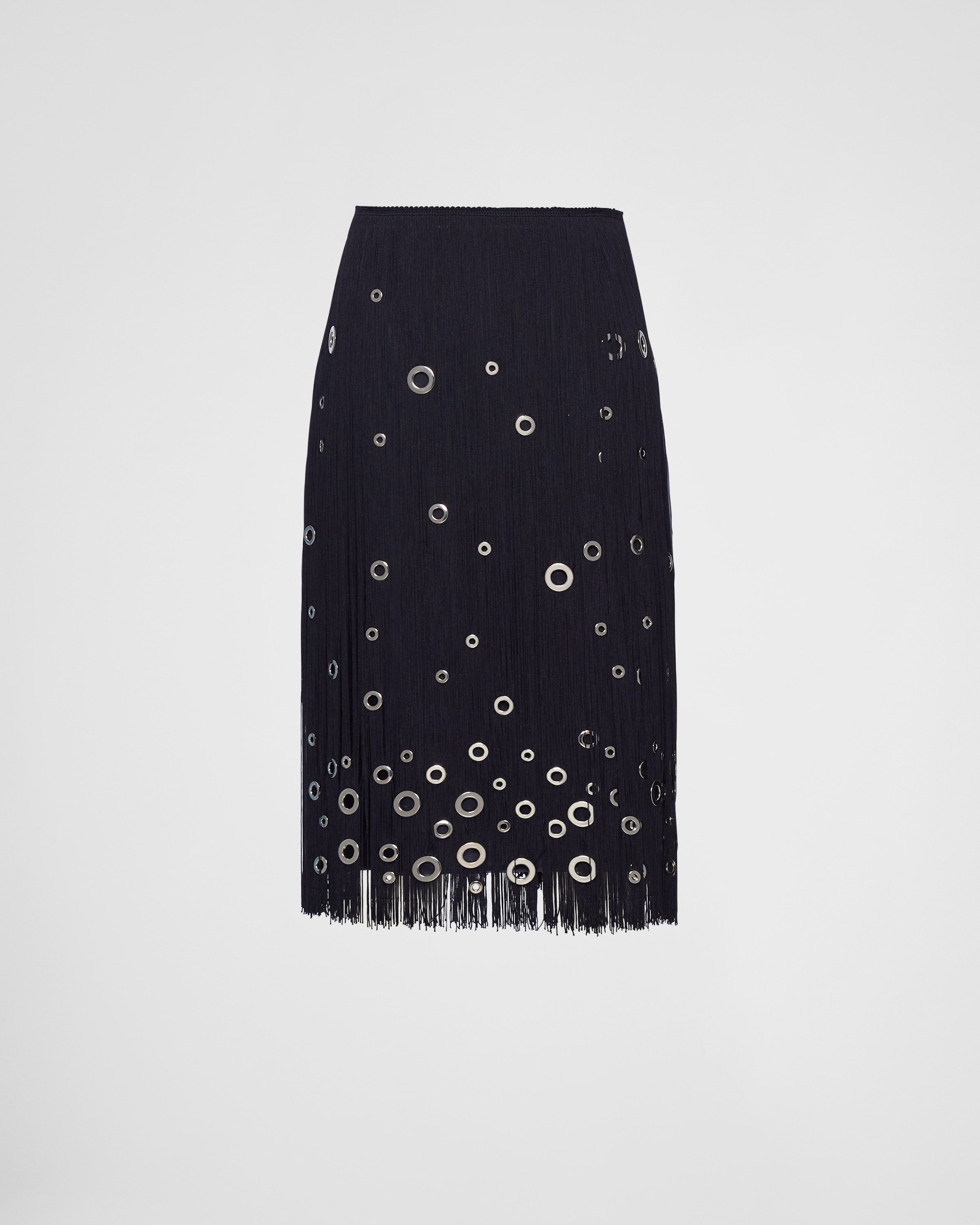 Prada Eyelet-embellished Fringe Skirt In Navy