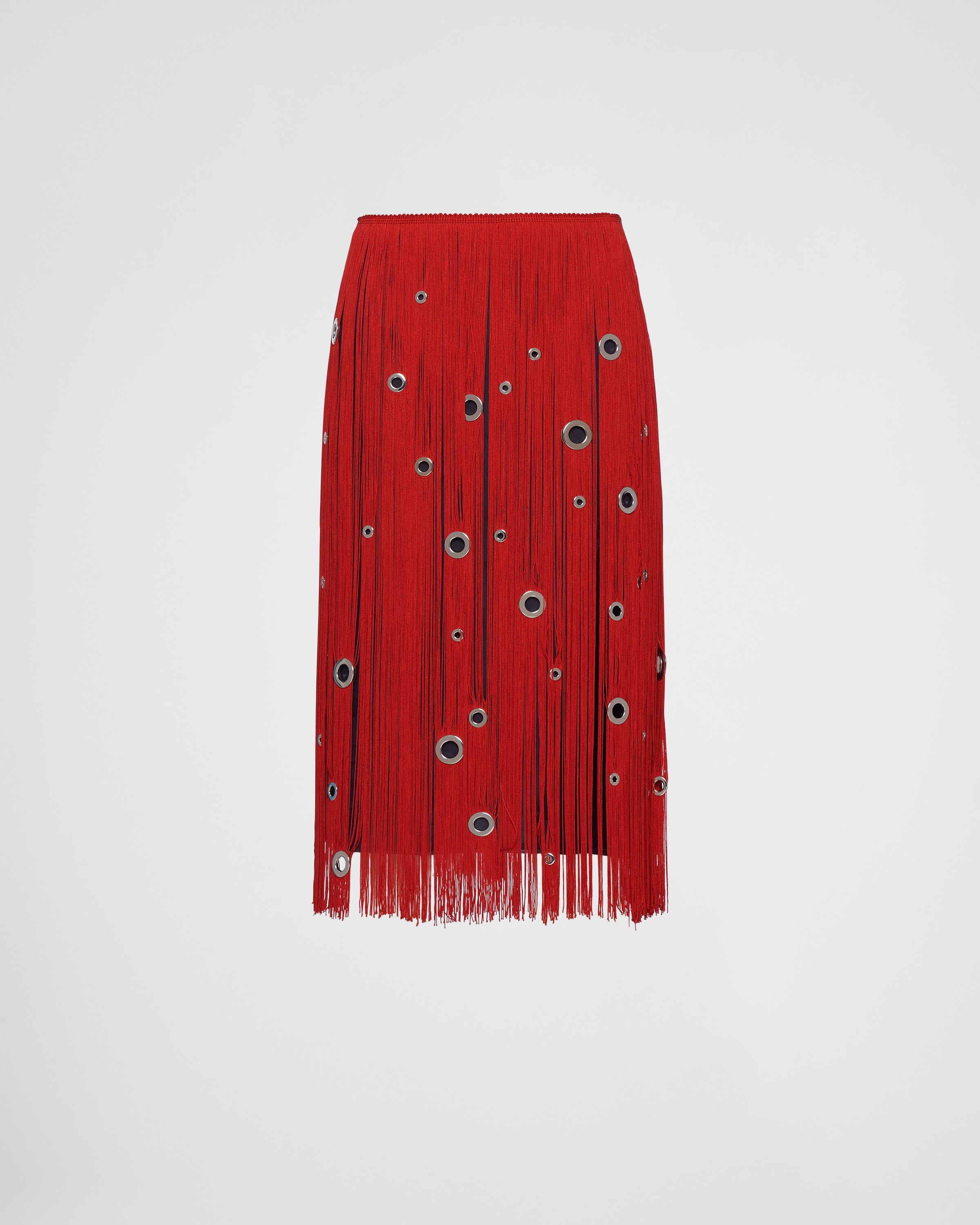 Prada Midi-skirt With Fringe And Grommet Embellishment In F0011 Rosso