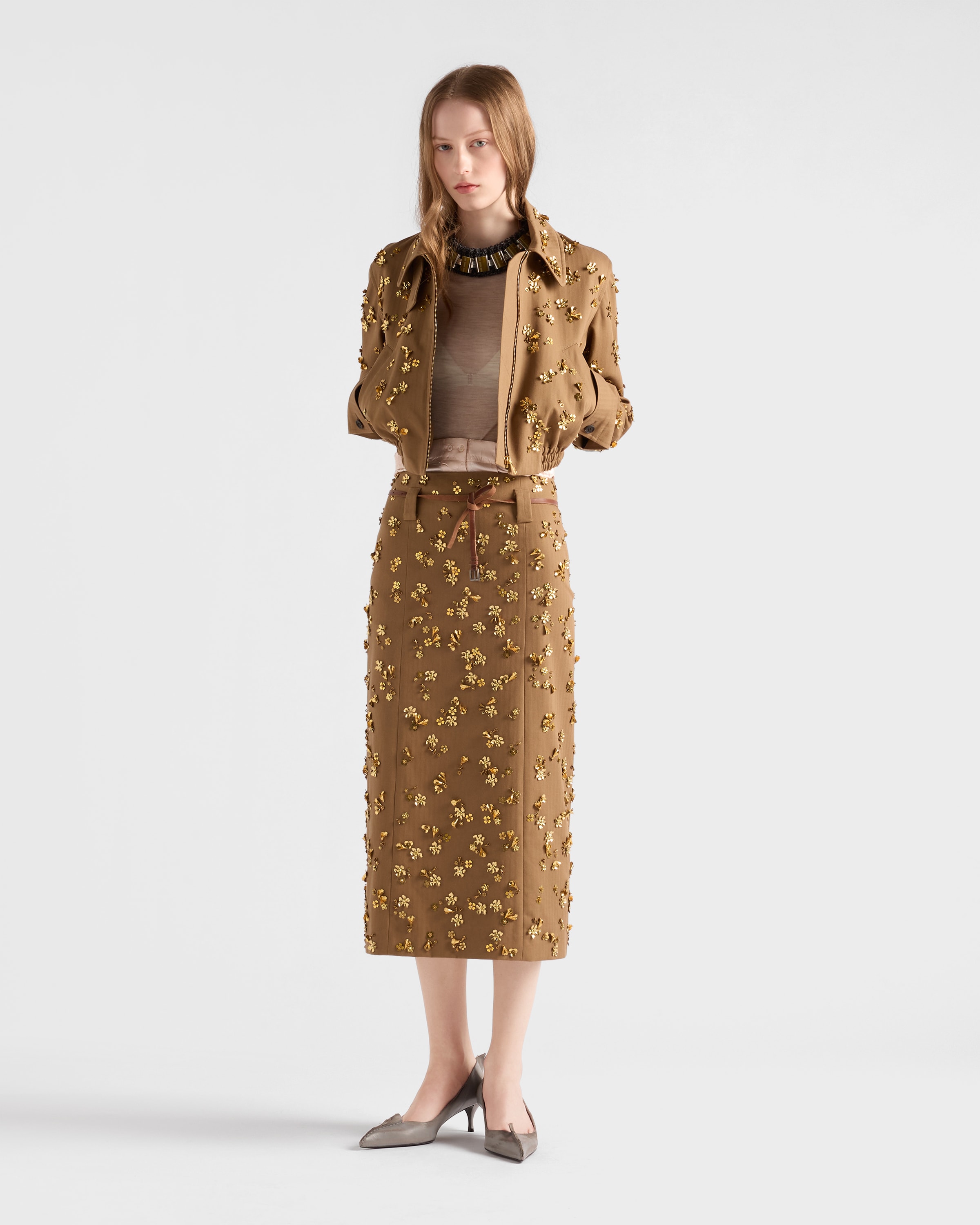 Prada Embroidered Chevron Midi-skirt In Brown