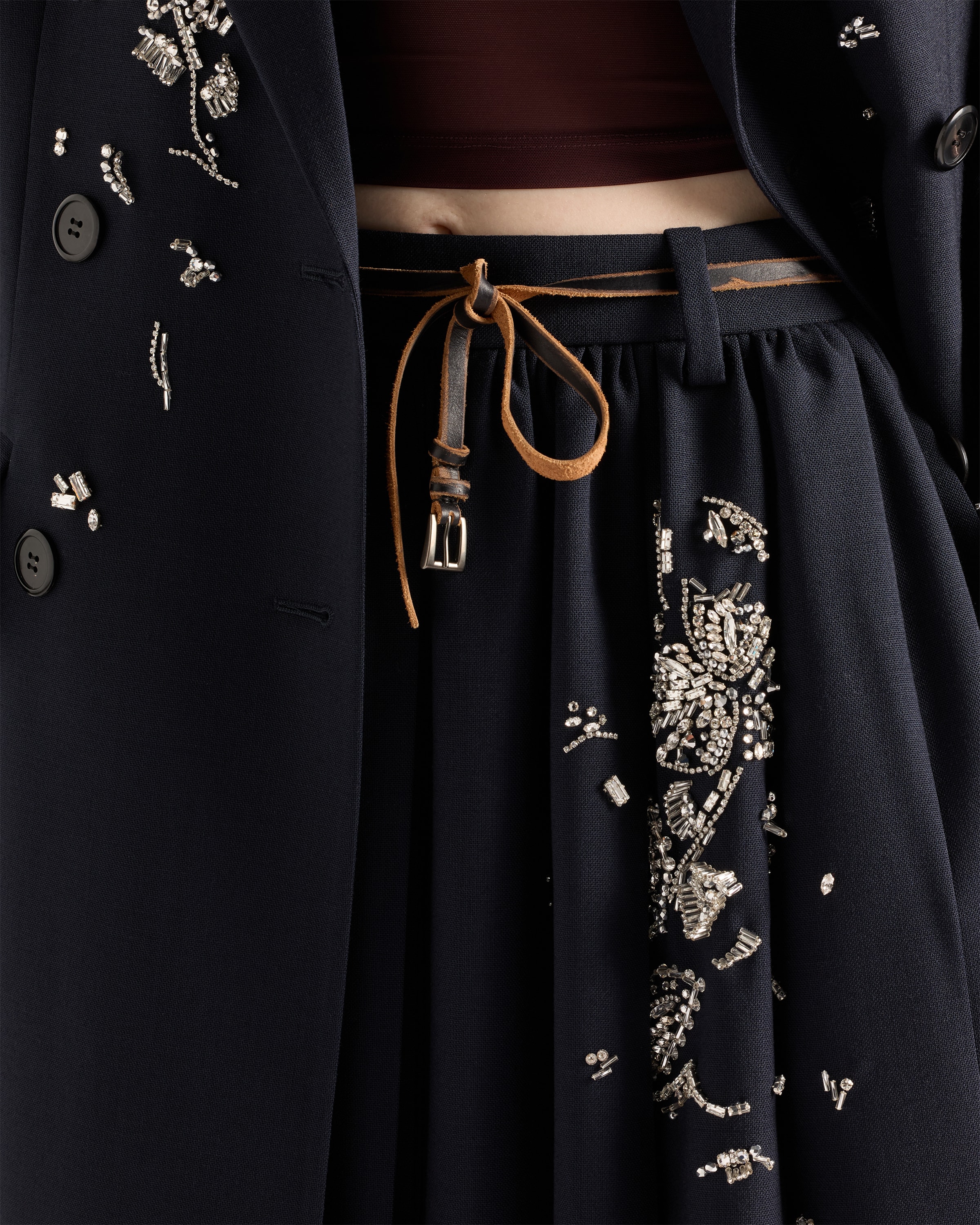 Embroidered rush stitch midi-skirt