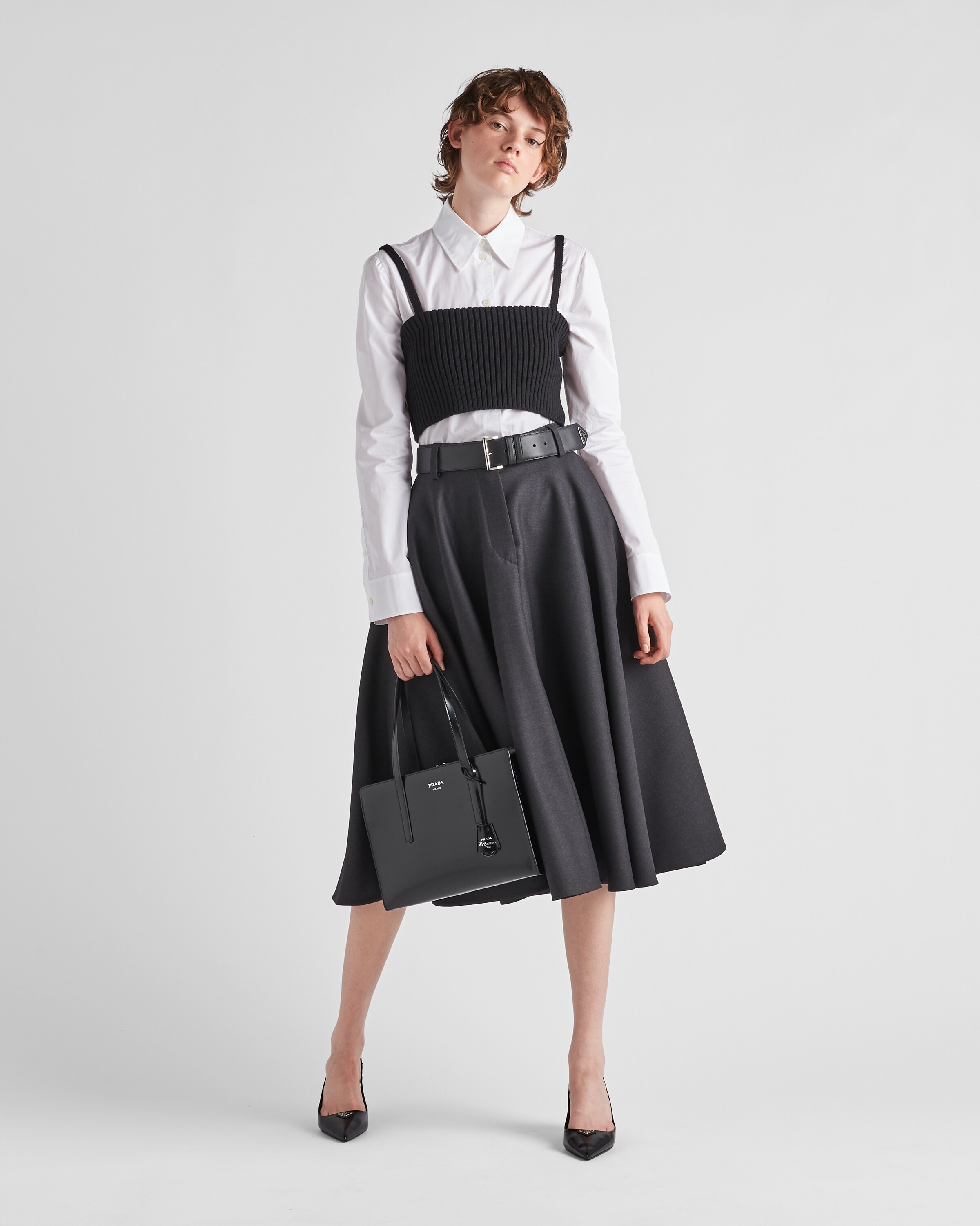 Anthracite Gray Wool gabardine midi-skirt | Prada