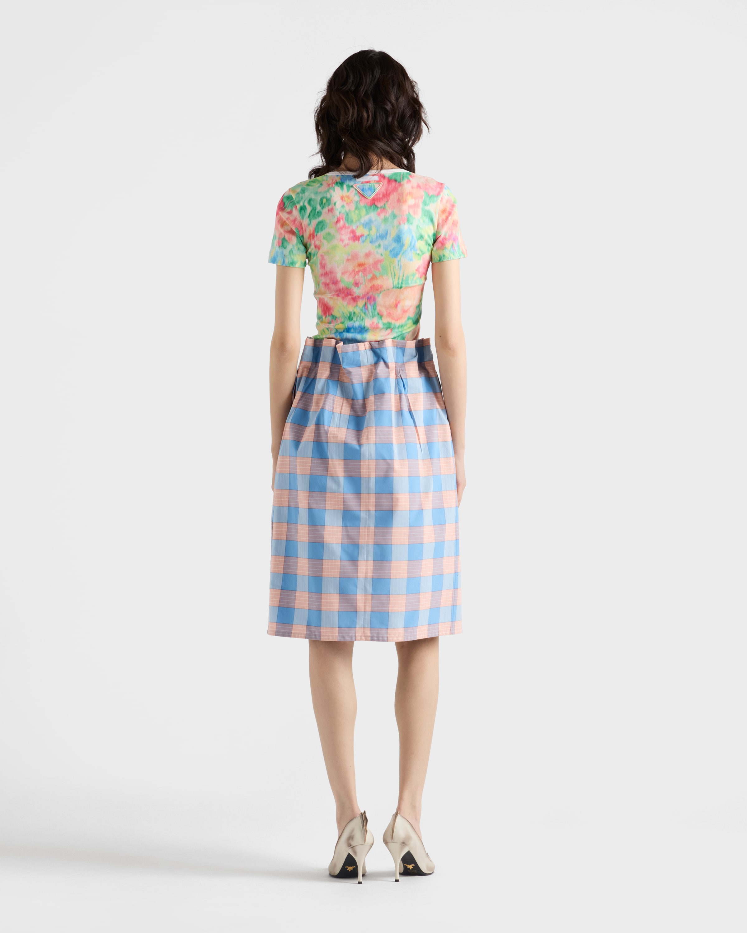 Alabaster Pink Checked poplin midi-skirt | PRADA
