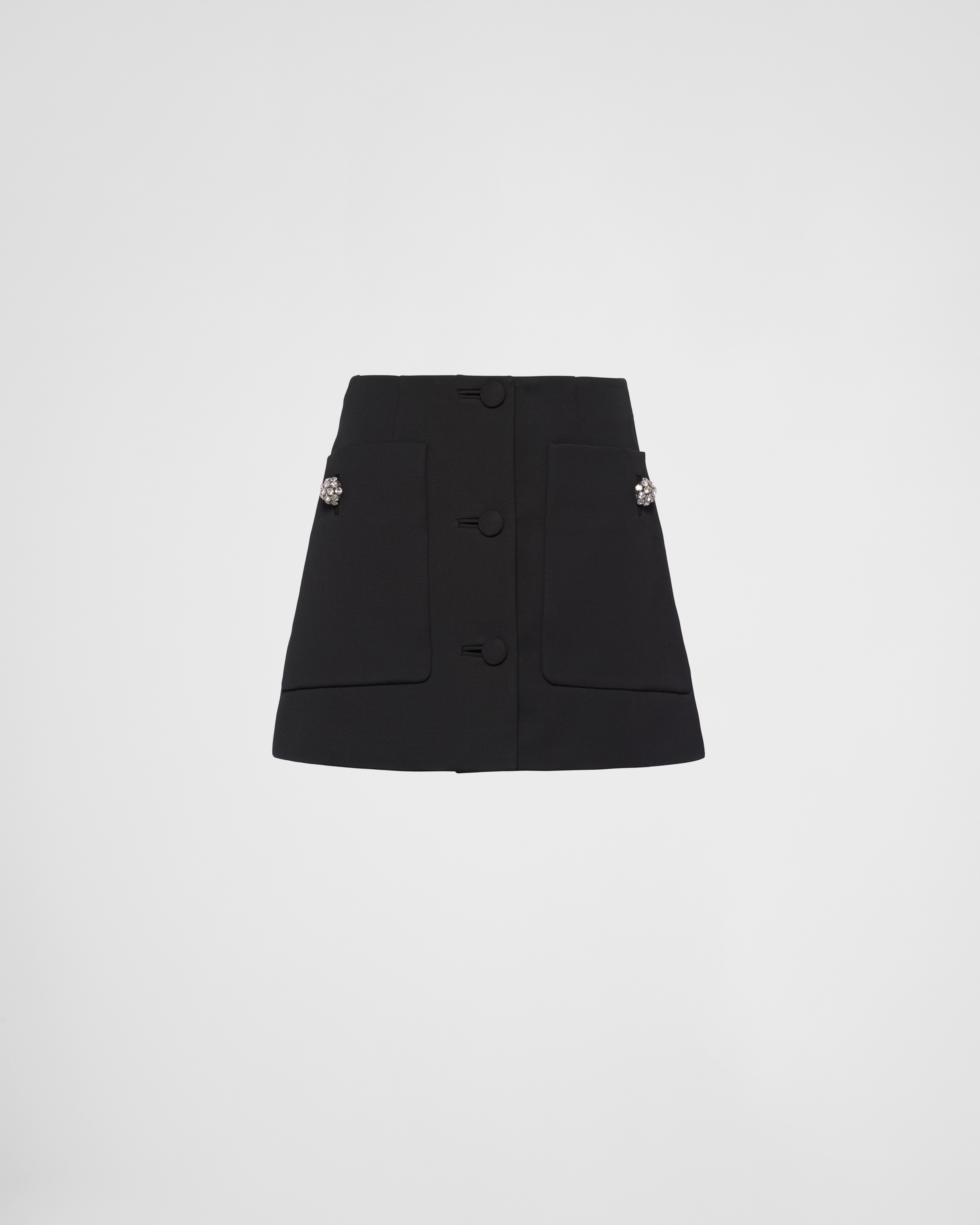 Prada Wool Mini Skirt With Oversized Pockets And Embellished Accents In Black