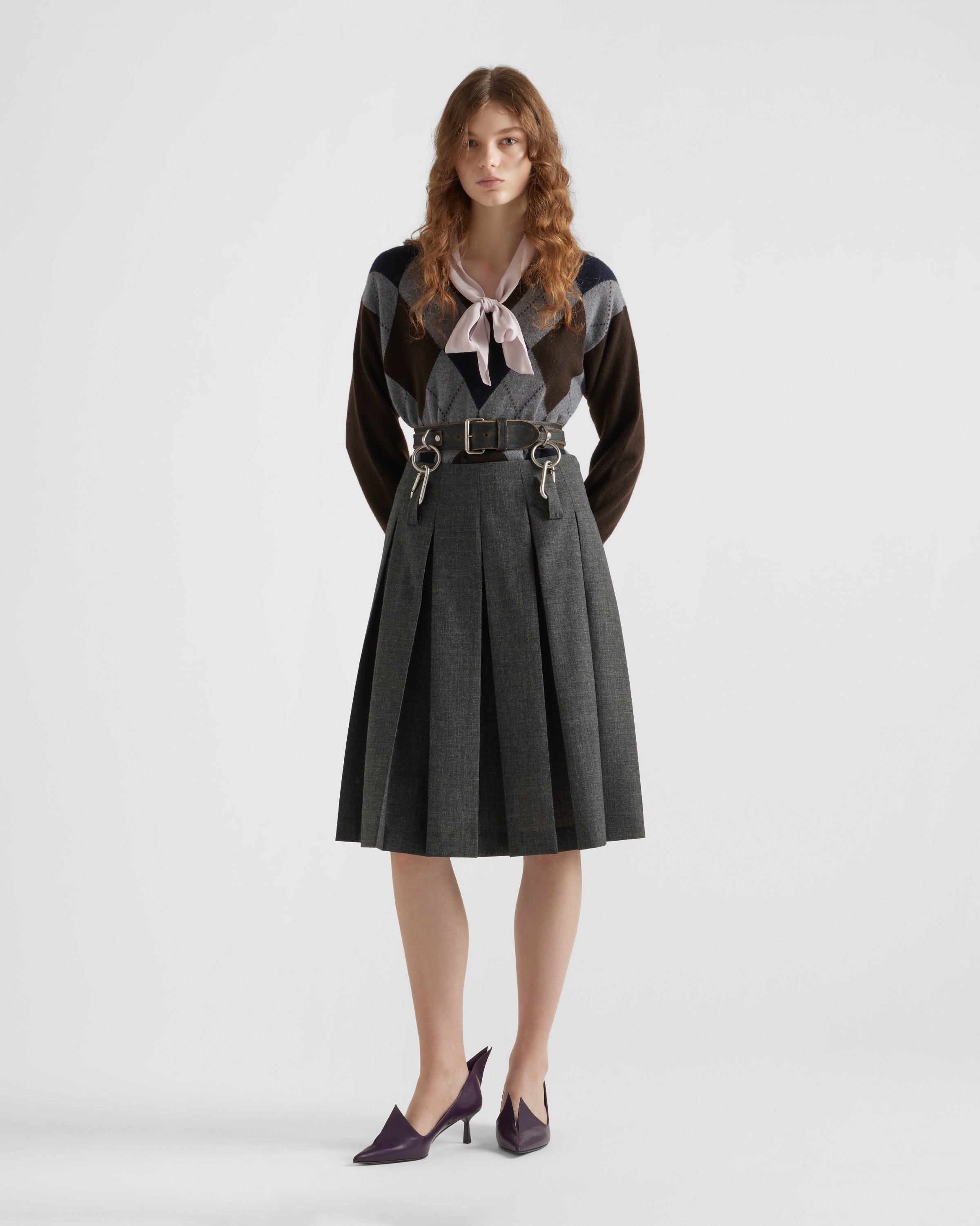 Prada Suspended Leather Belt Pleated Wool Skirt In Slate Gray