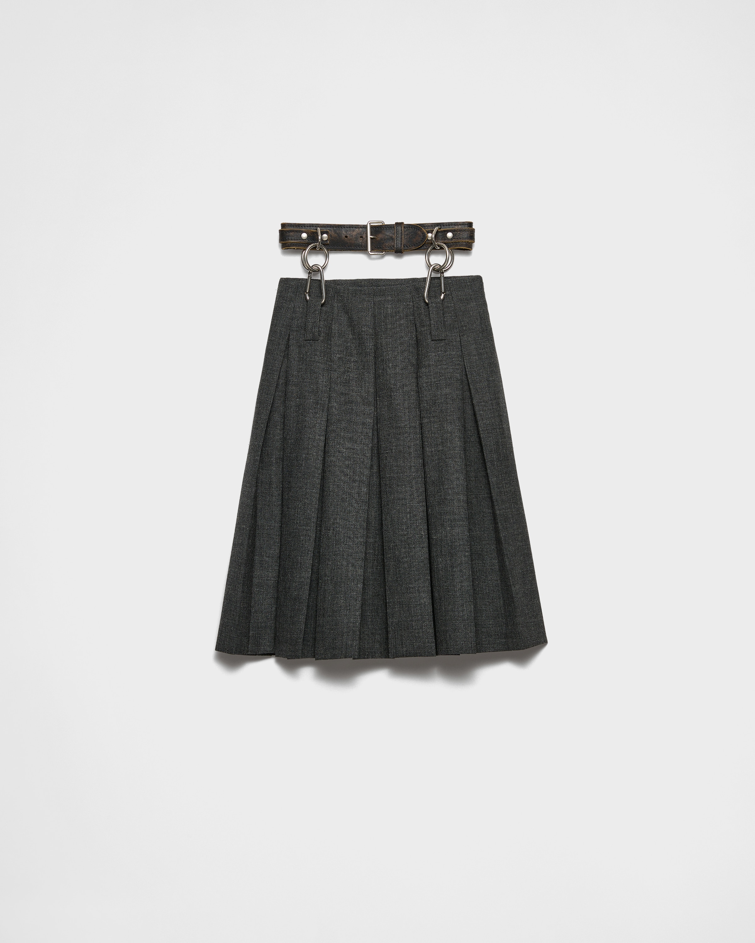 Prada Suspended Leather Belt Pleated Wool Skirt In Slate Gray