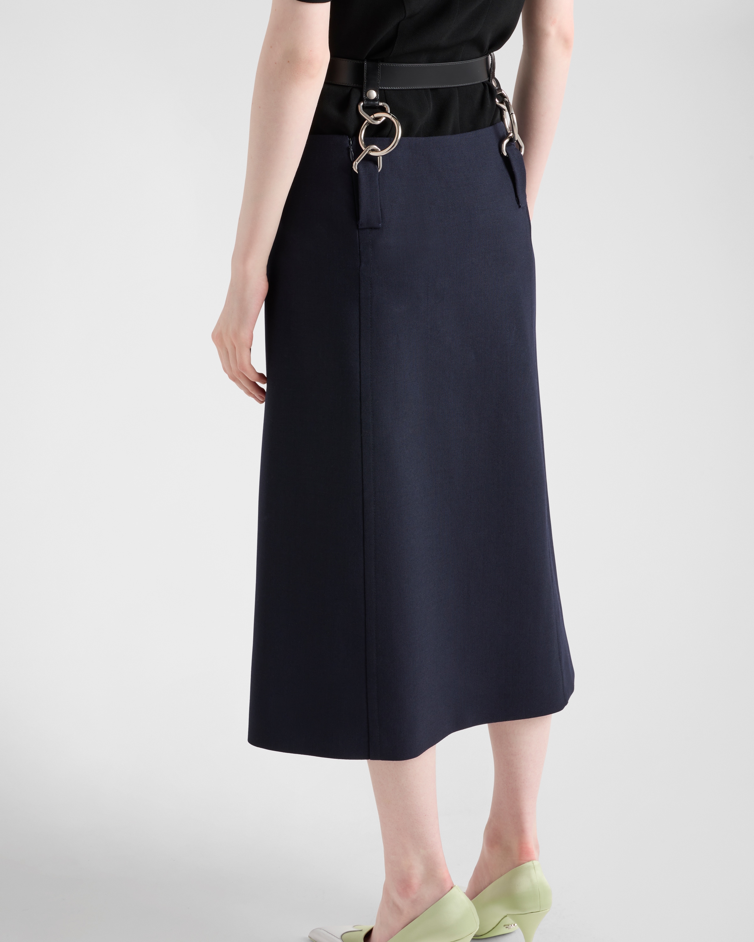 Prada Floating Leather Belt Wool Midi Skirt In Blau