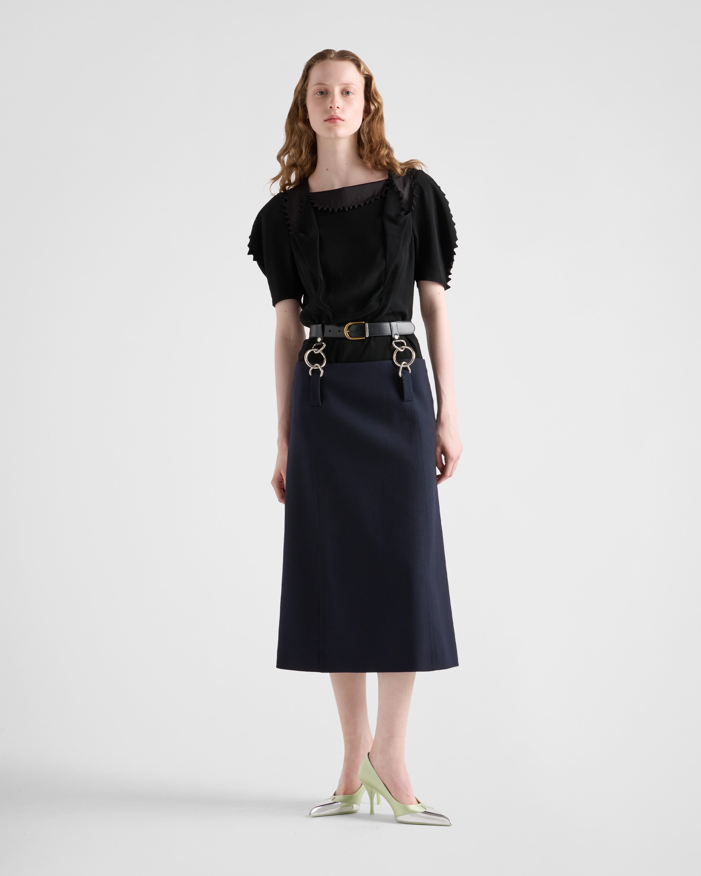 Prada Floating Leather Belt Wool Midi Skirt In Blau