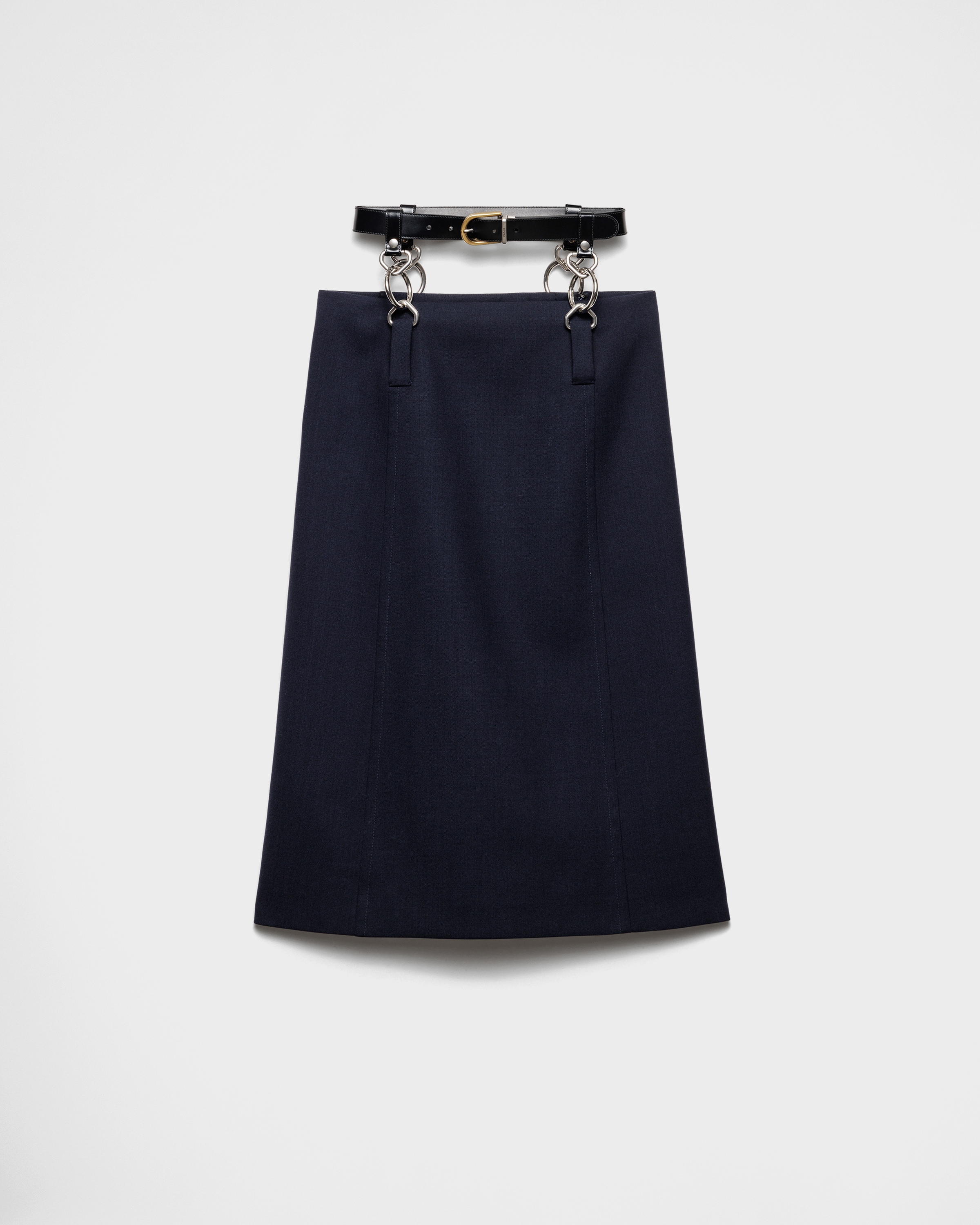 Prada Floating Leather Belt Wool Midi Skirt In Blau