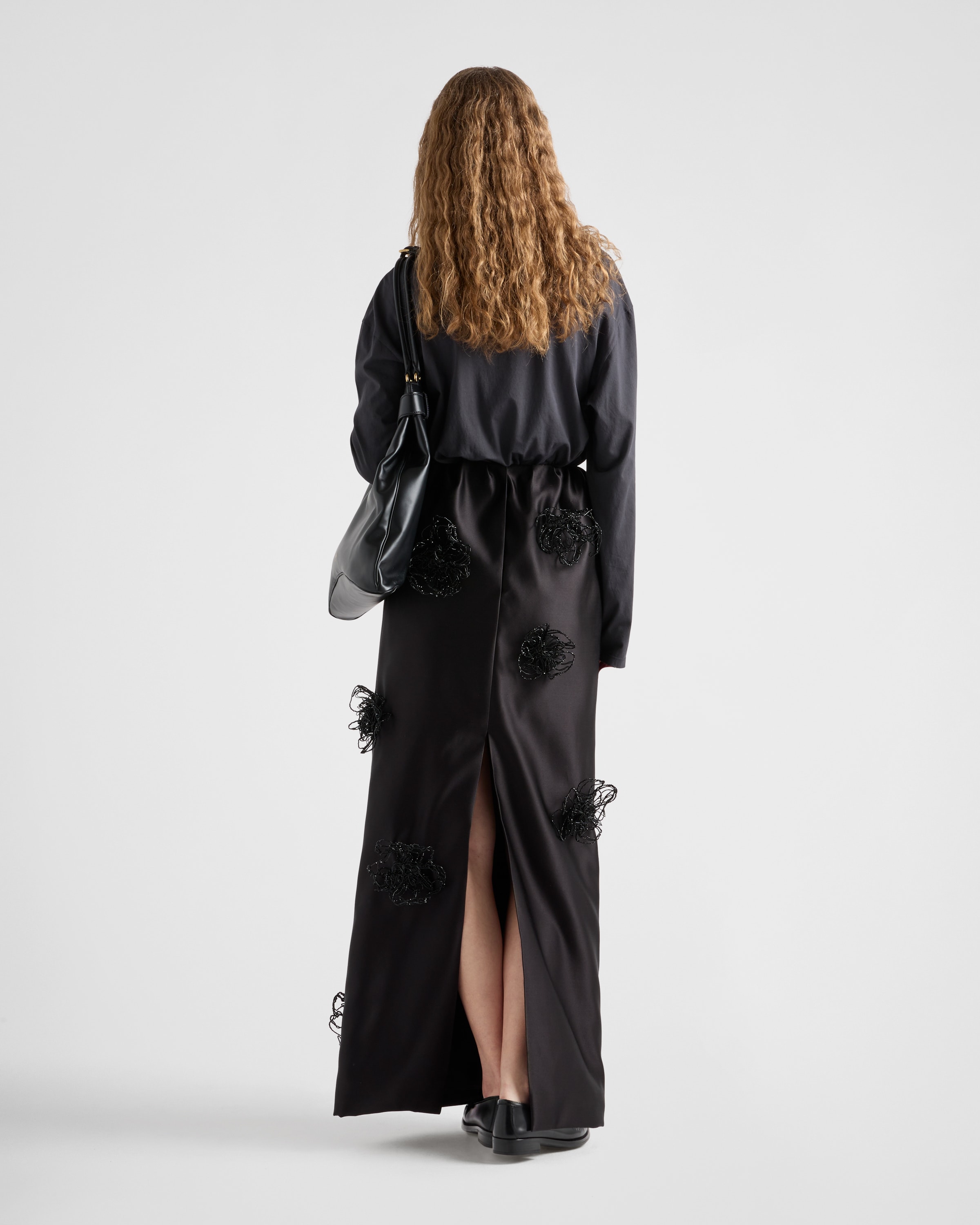 Black Long embroidered double satin skirt | PRADA