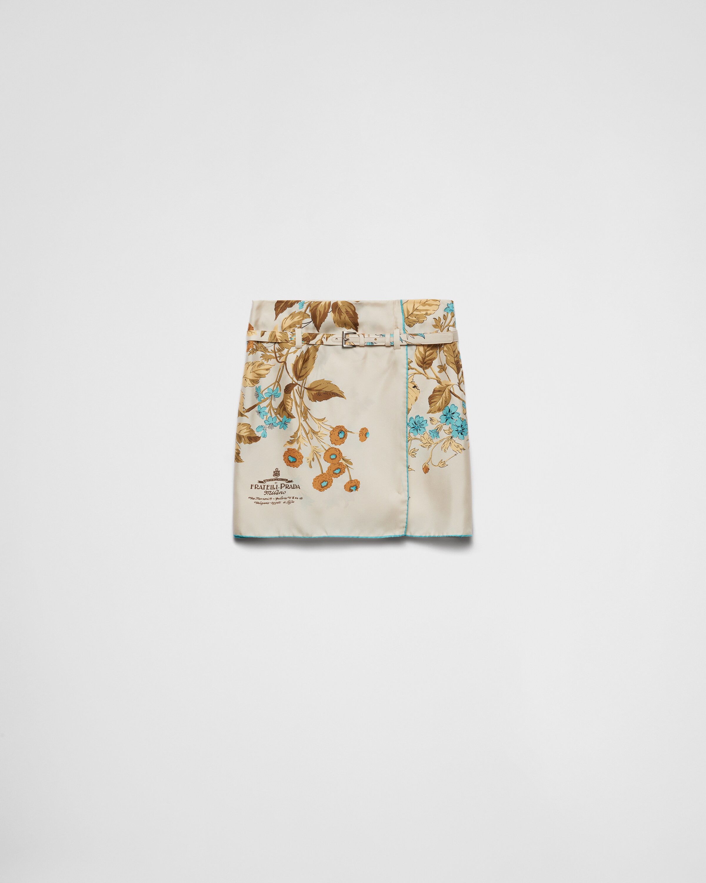 Prada Floral-print Archive-logo Silk-twill Mini Skirt In Sand Beige